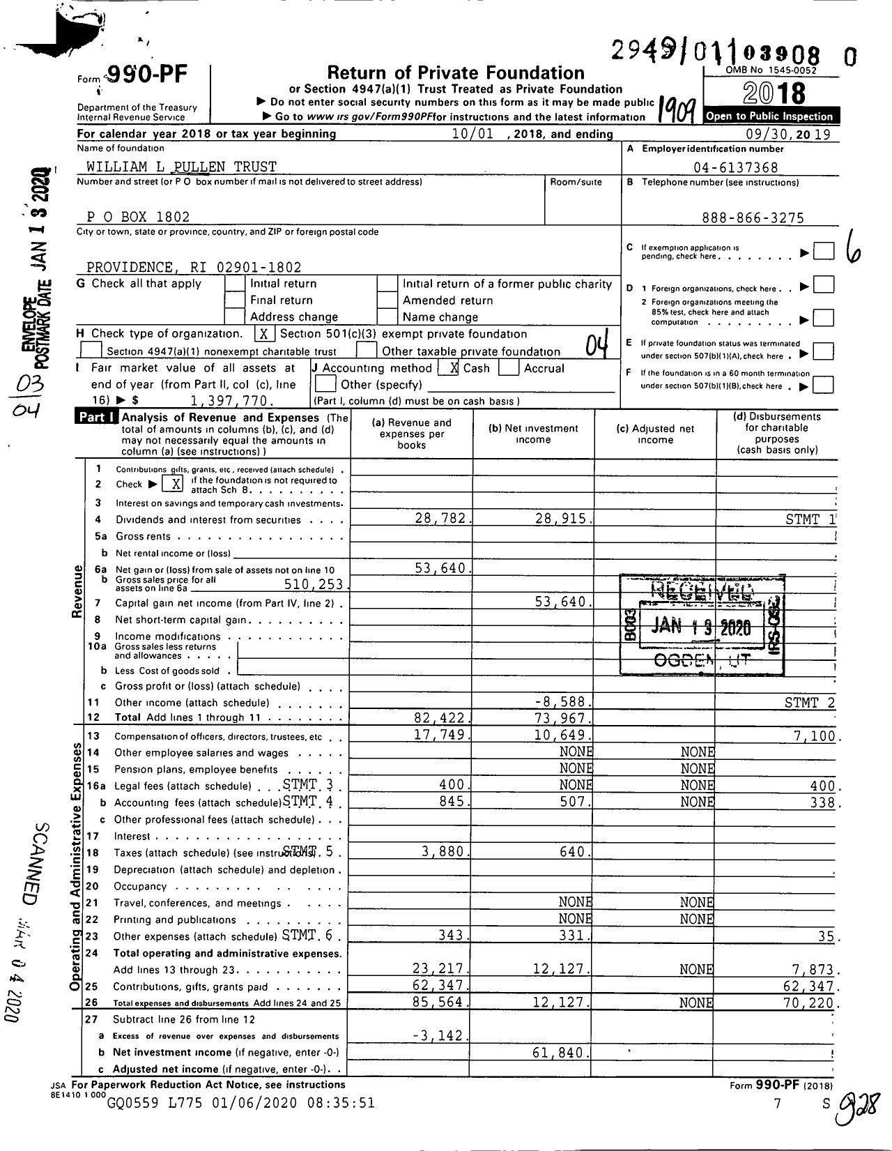 Image of first page of 2018 Form 990PR for William L Pullen Trust