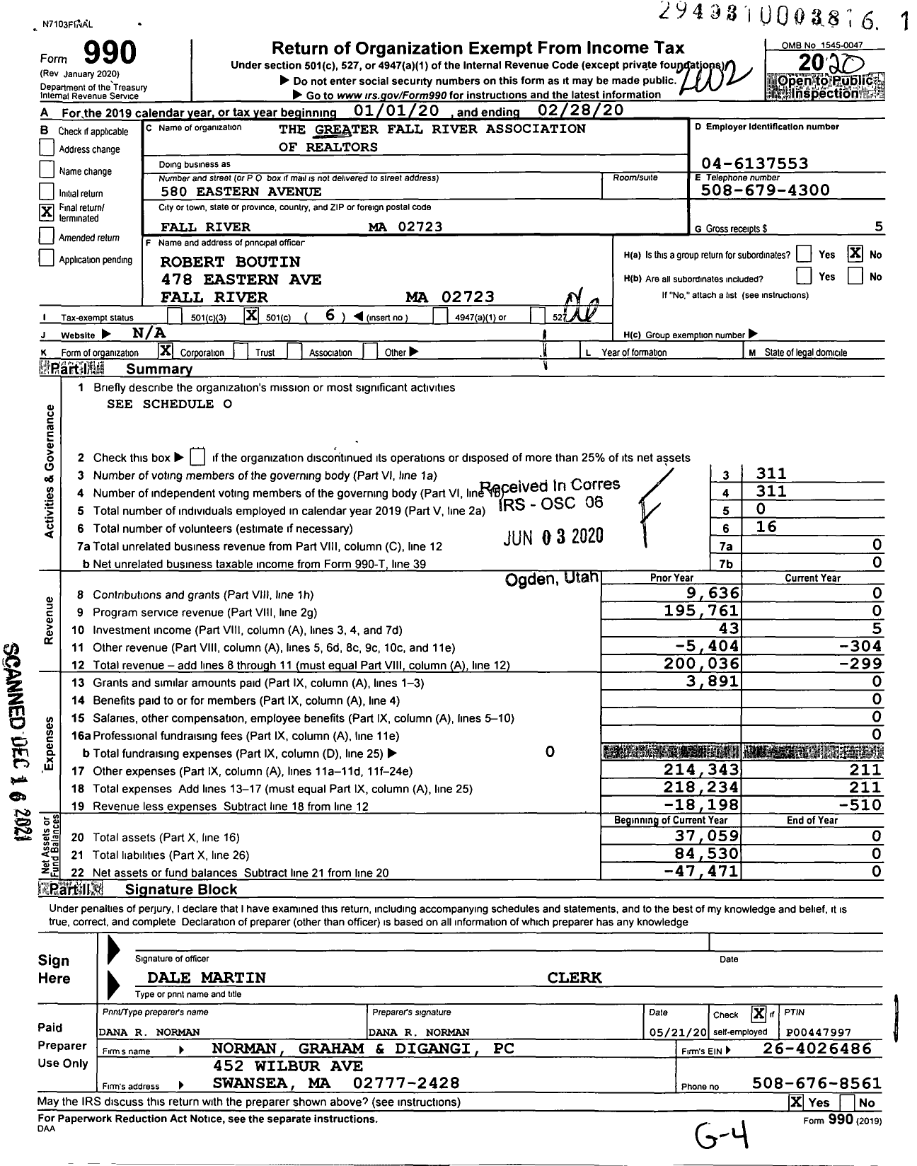 Image of first page of 2019 Form 990O for The Greater Fall River Association of Realtors