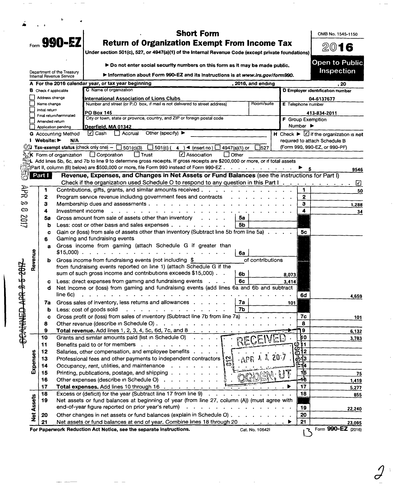 Image of first page of 2016 Form 990EO for Lions Clubs - 11969 Deerfield