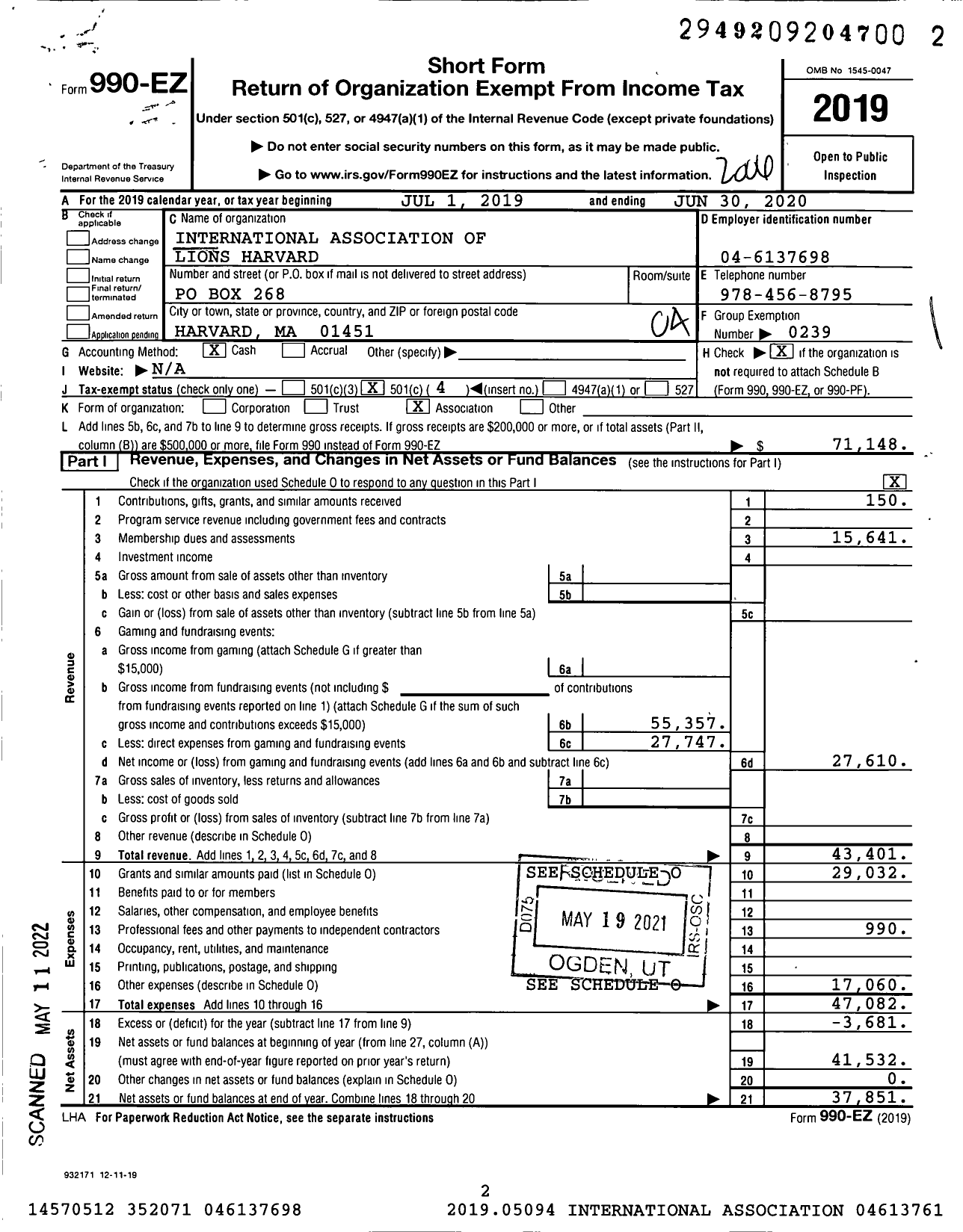 Image of first page of 2019 Form 990EO for Lions Clubs - 11990 Harvard