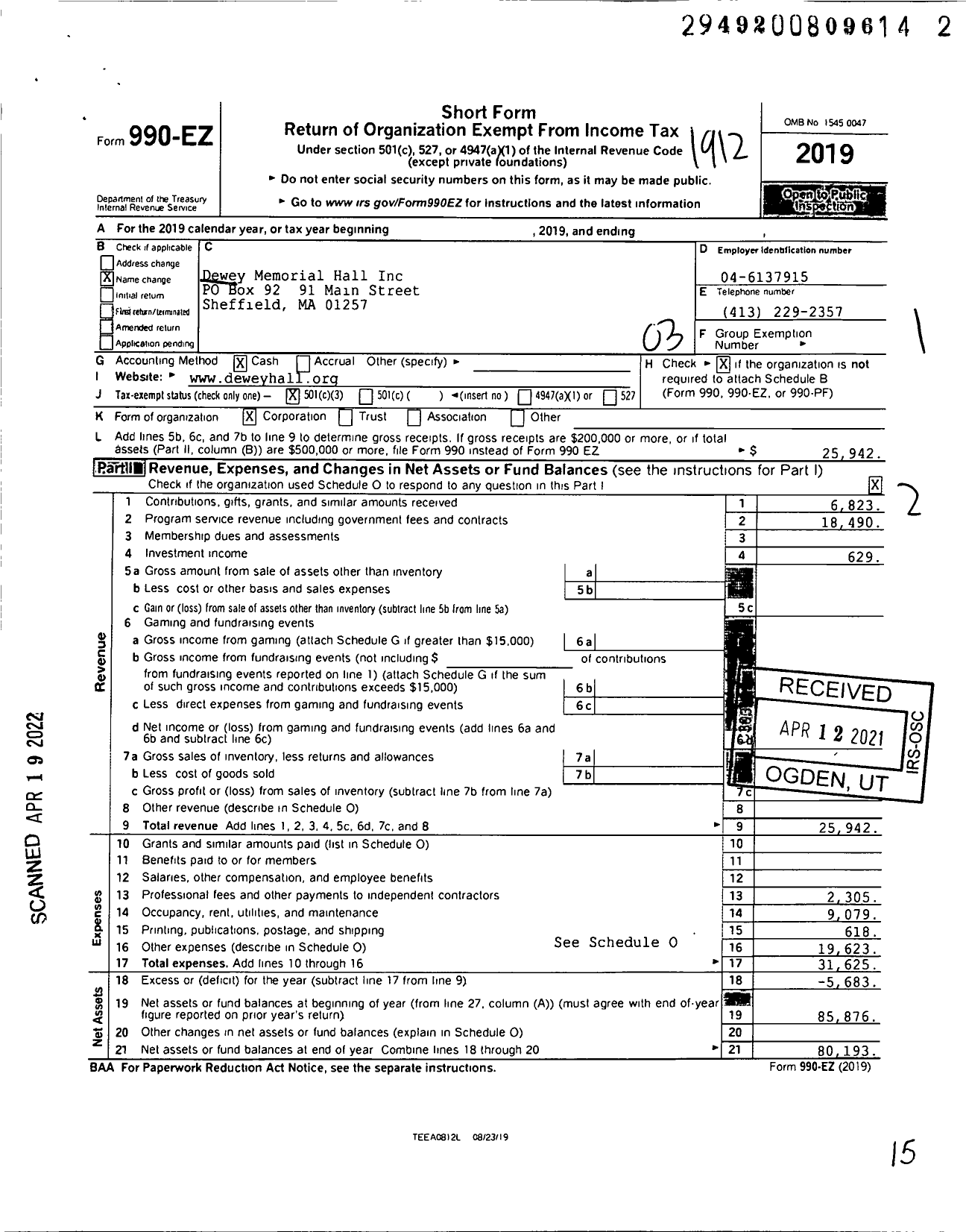 Image of first page of 2019 Form 990EZ for Dewey Memorial Hall