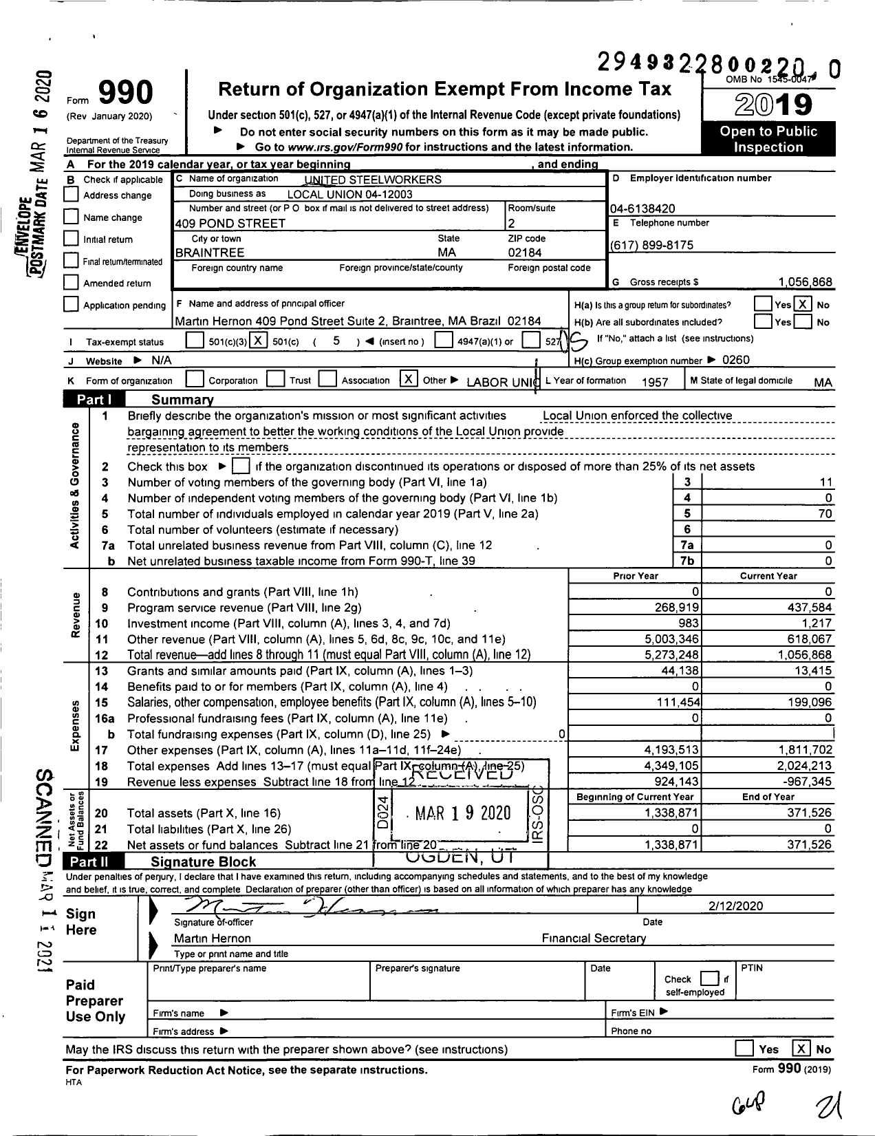 Image of first page of 2019 Form 990O for UNITED STEELWORKERS - 12003 local