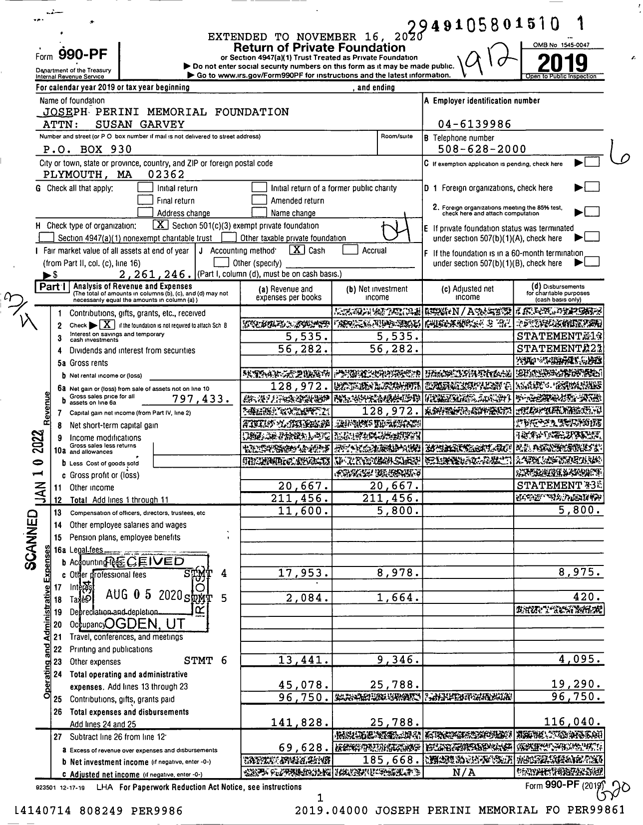 Image of first page of 2019 Form 990PF for Joseph Perini Memorial Foundation Attn Susan Garvey