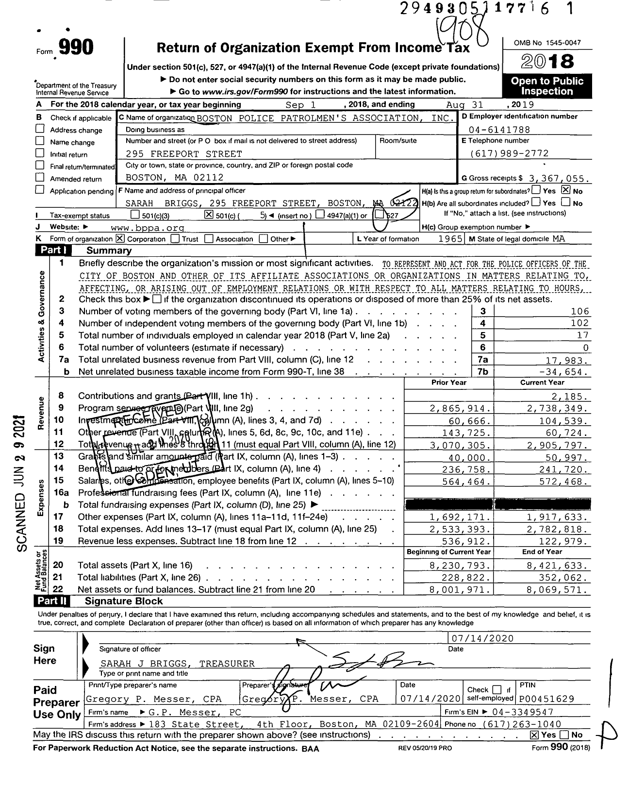 Image of first page of 2018 Form 990O for Boston Police Patrolmen's Association