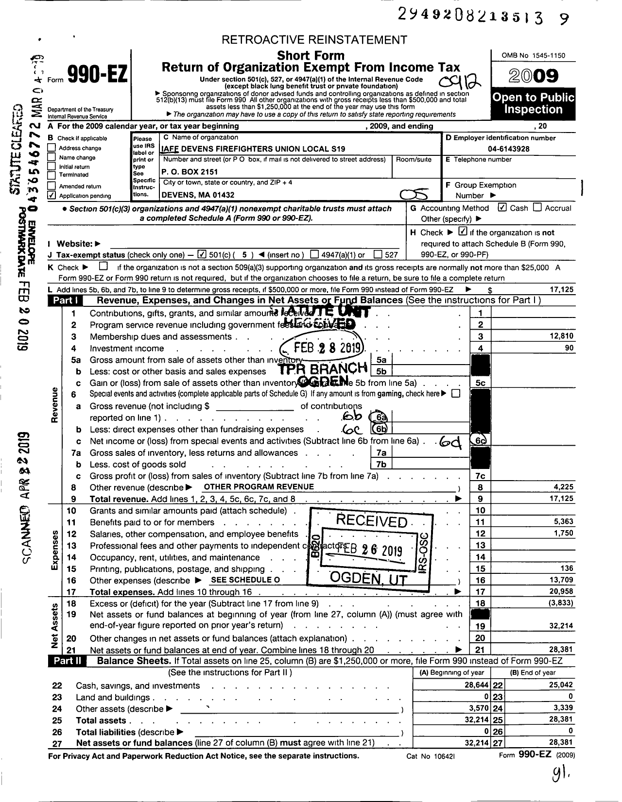 Image of first page of 2019 Form 990EO for Iaff Devens Firefighters Union Local S19