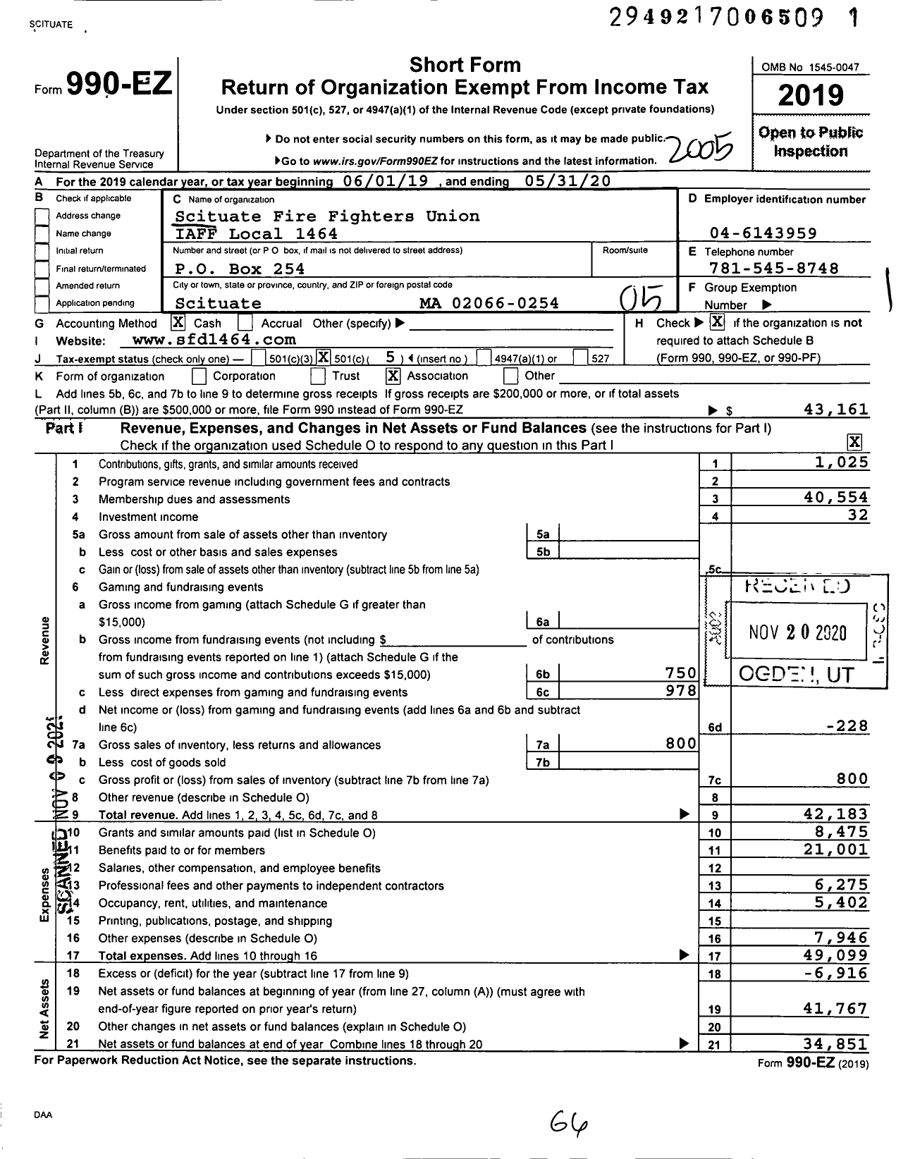 Image of first page of 2019 Form 990EO for INTERNATIONAL ASSOCIATION OF Fire Fighters - L1464 Scituate