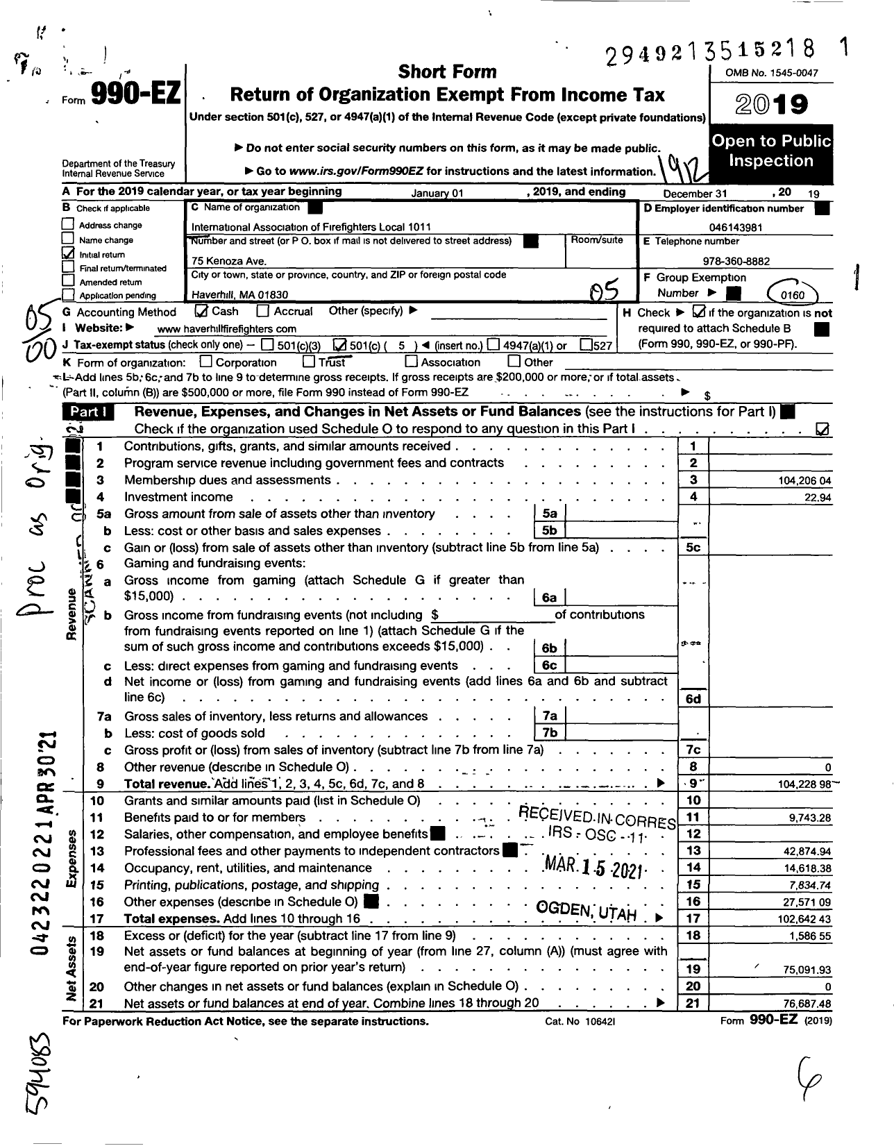 Image of first page of 2019 Form 990EO for International Association of Fire Fighters - L1011 Haverhill