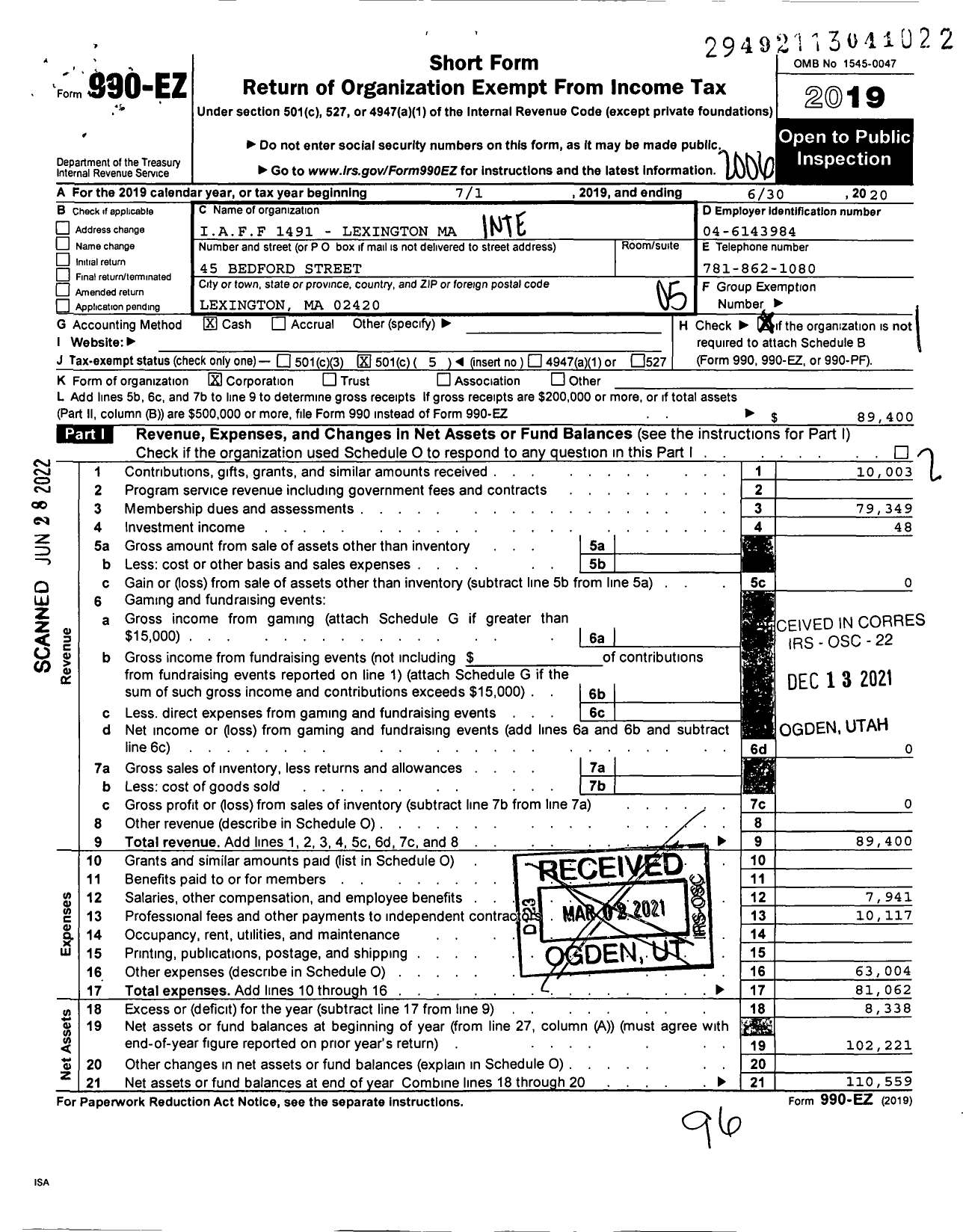 Image of first page of 2019 Form 990EO for International Association of Fire Fighters - L1491 Lexington