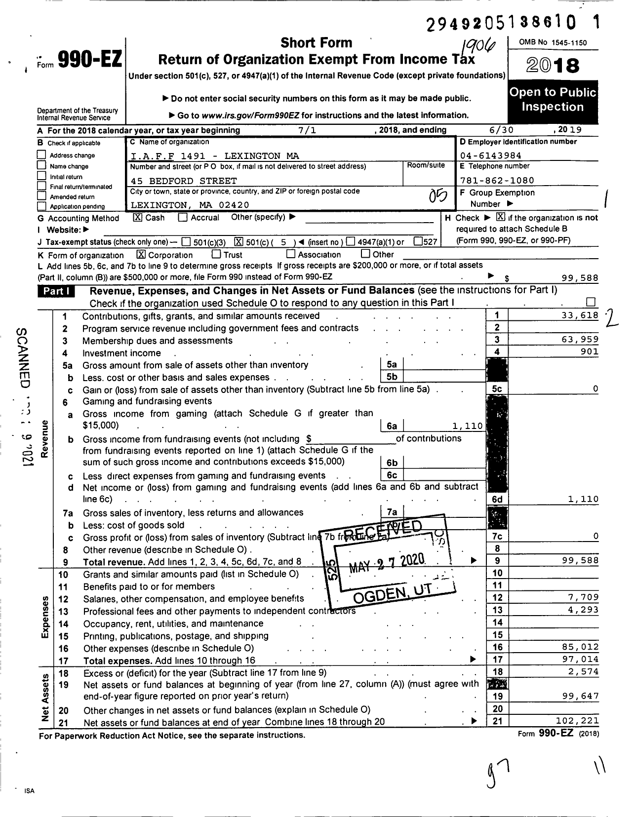 Image of first page of 2018 Form 990EO for International Association of Fire Fighters - L1491 Lexington