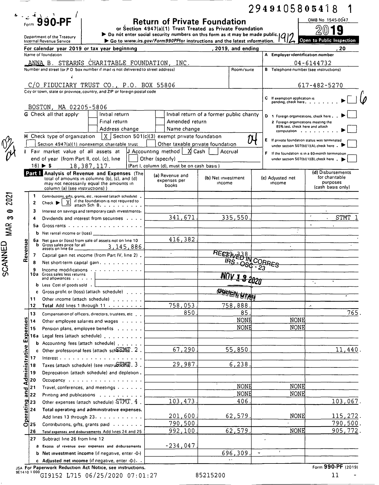 Image of first page of 2019 Form 990PF for Anna B Stearns Charitable Foundation