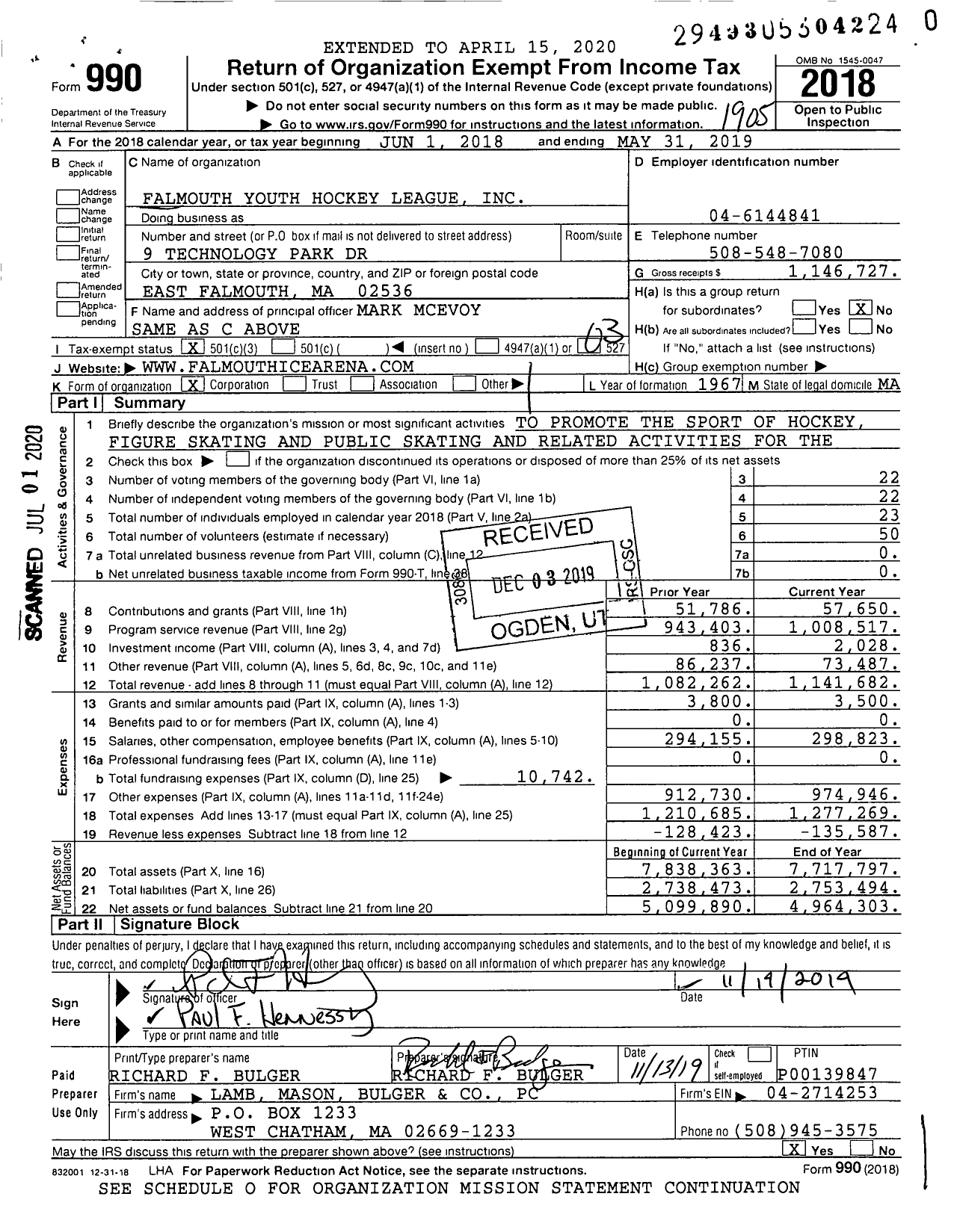 Image of first page of 2018 Form 990 for Falmouth Youth Hockey League