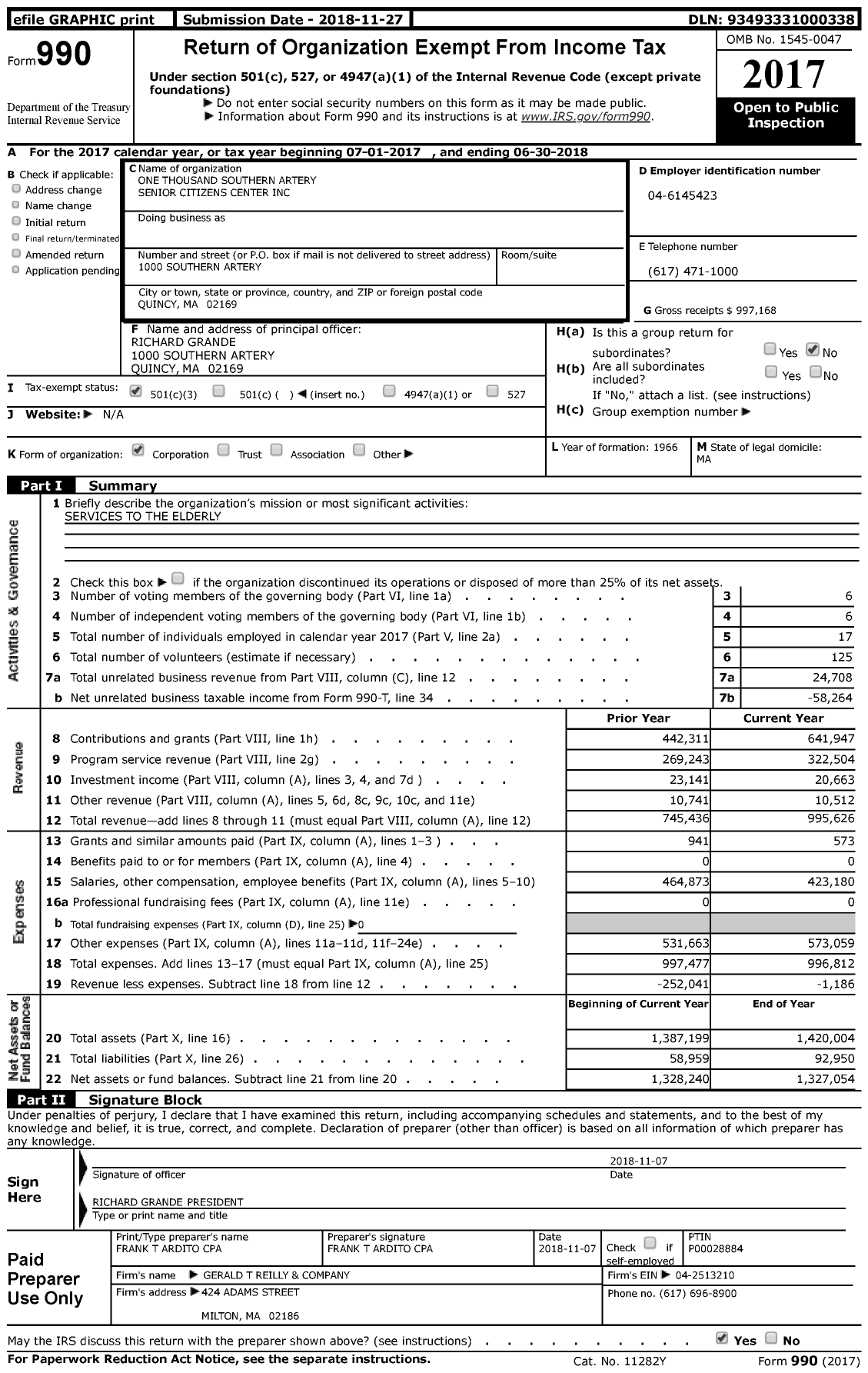 Image of first page of 2017 Form 990 for One Thousand Southern Artery Senior Citizens Center