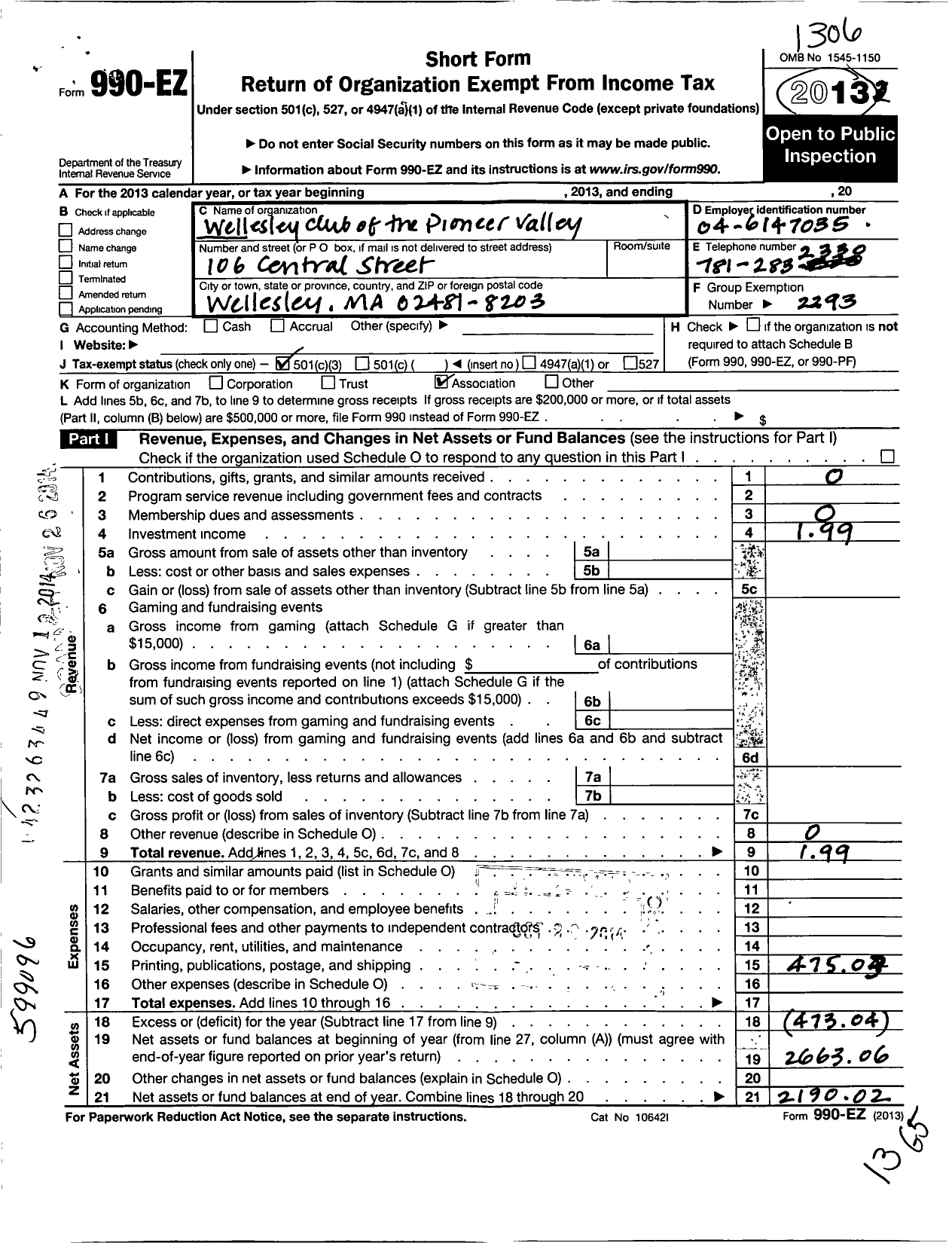 Image of first page of 2012 Form 990EZ for Wellesley College Alumnae Association / Wellesley Club of the Pioneer Vlly