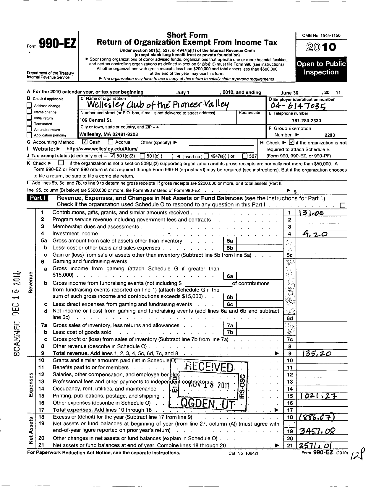 Image of first page of 2010 Form 990EZ for Wellesley College Alumnae Association / Wellesley Club of the Pioneer Vlly