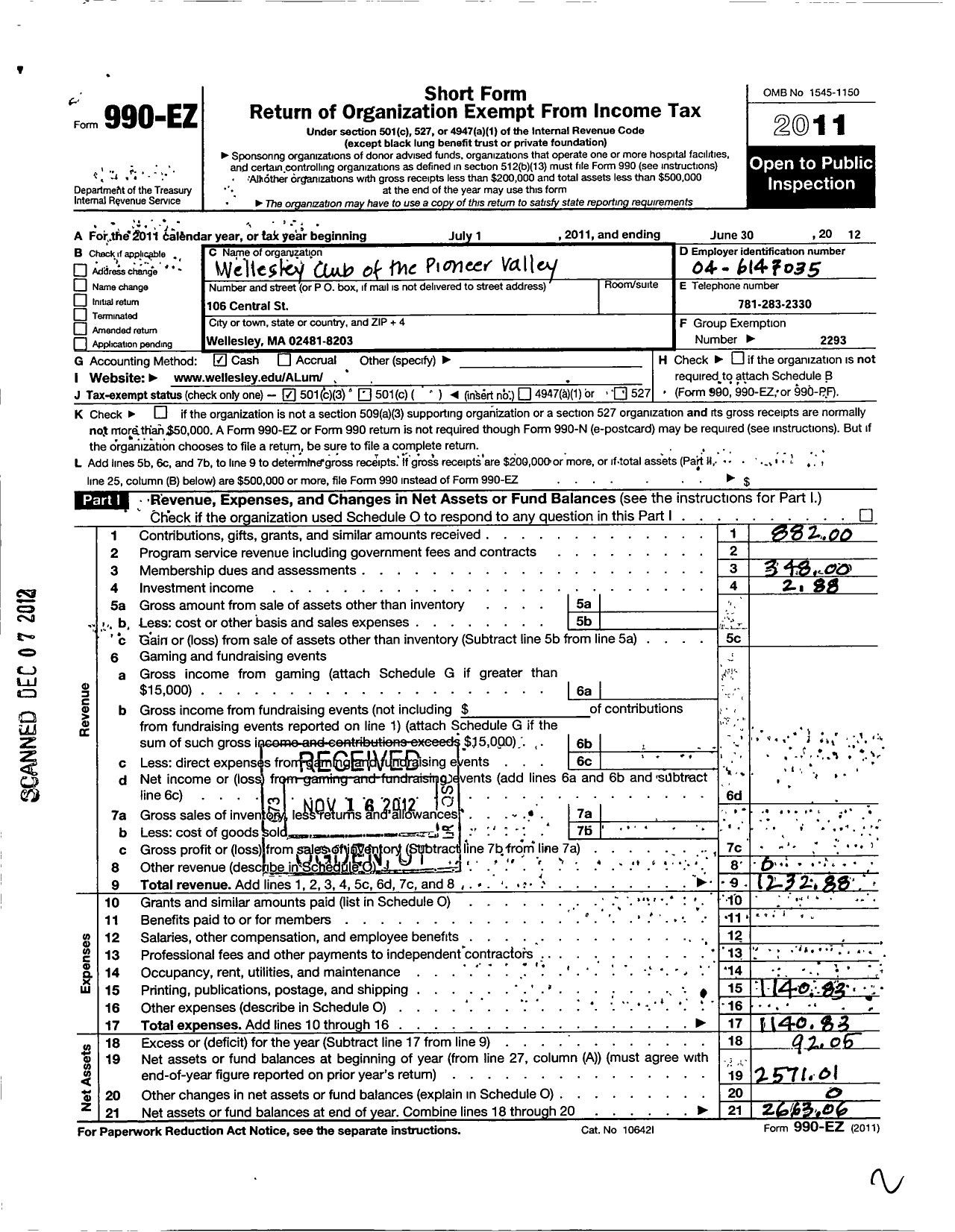 Image of first page of 2011 Form 990EZ for Wellesley College Alumnae Association / Wellesley Club of the Pioneer Vlly