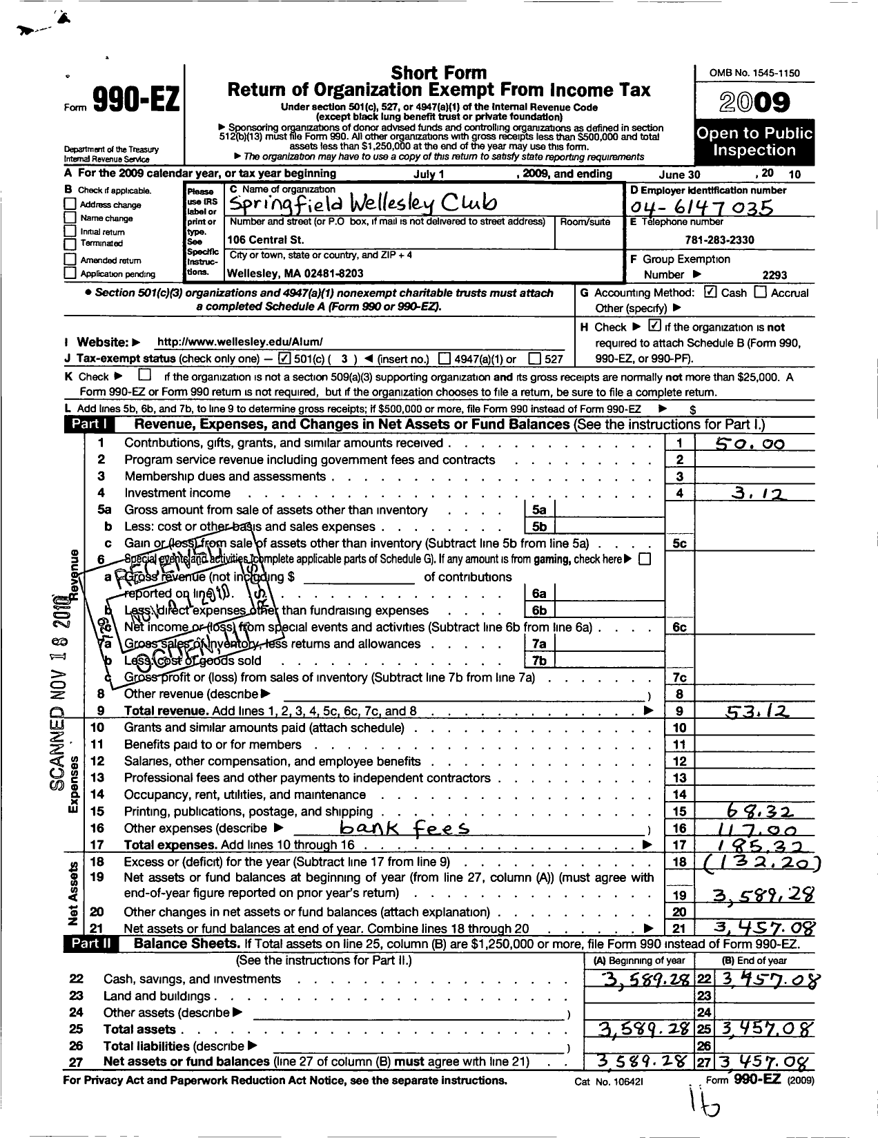 Image of first page of 2009 Form 990EZ for Wellesley College Alumnae Association / Wellesley Club of the Pioneer Vlly