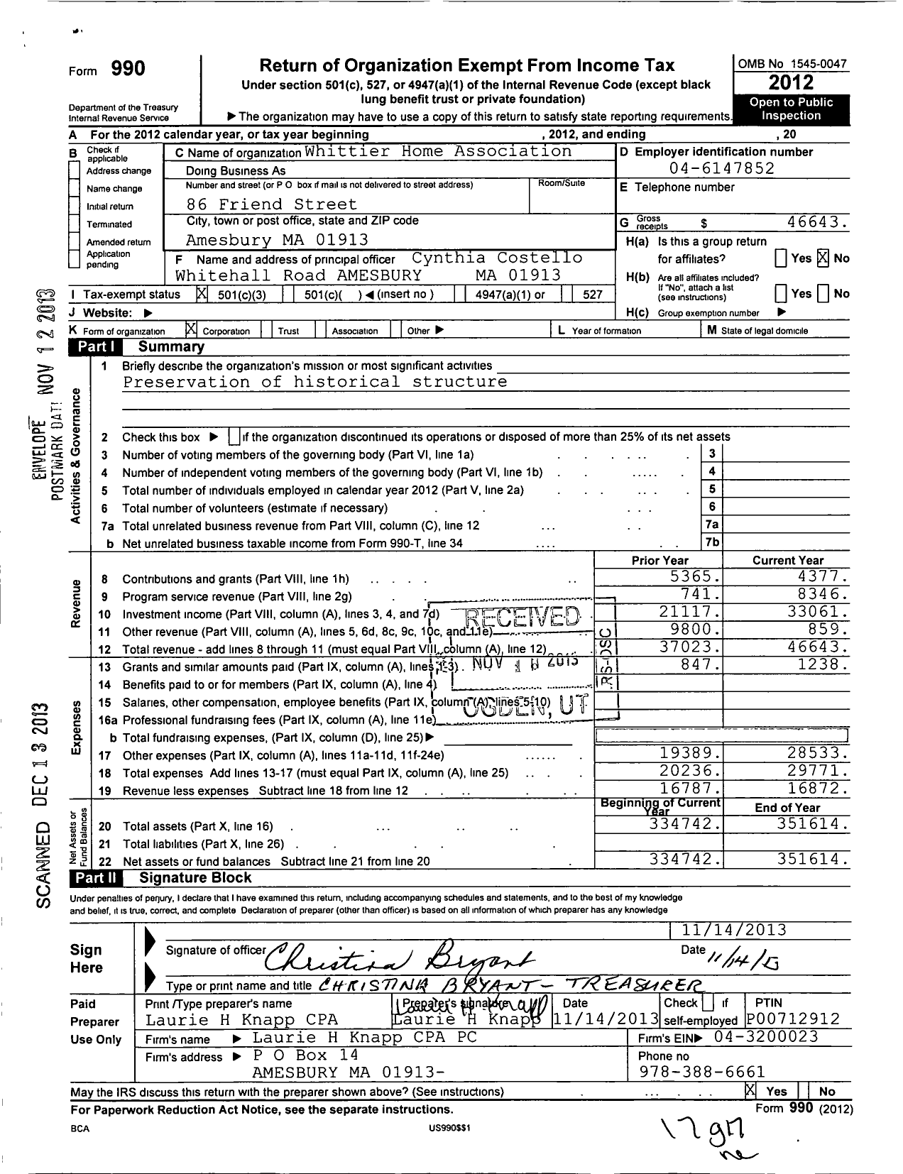 Image of first page of 2012 Form 990 for Whittier Home Association