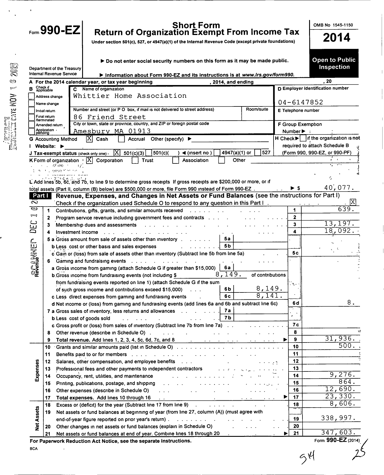 Image of first page of 2014 Form 990EZ for Whittier Home Association