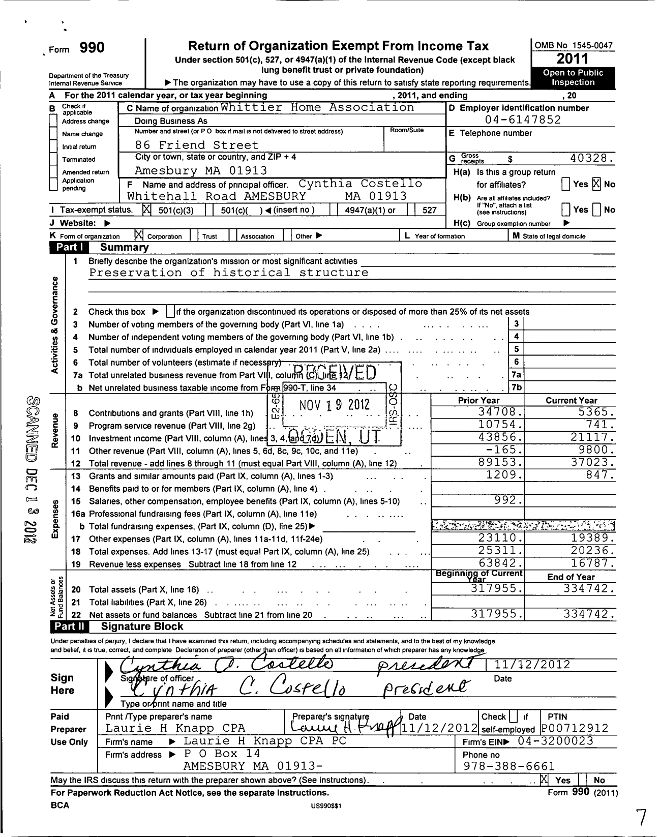 Image of first page of 2011 Form 990 for Whittier Home Association