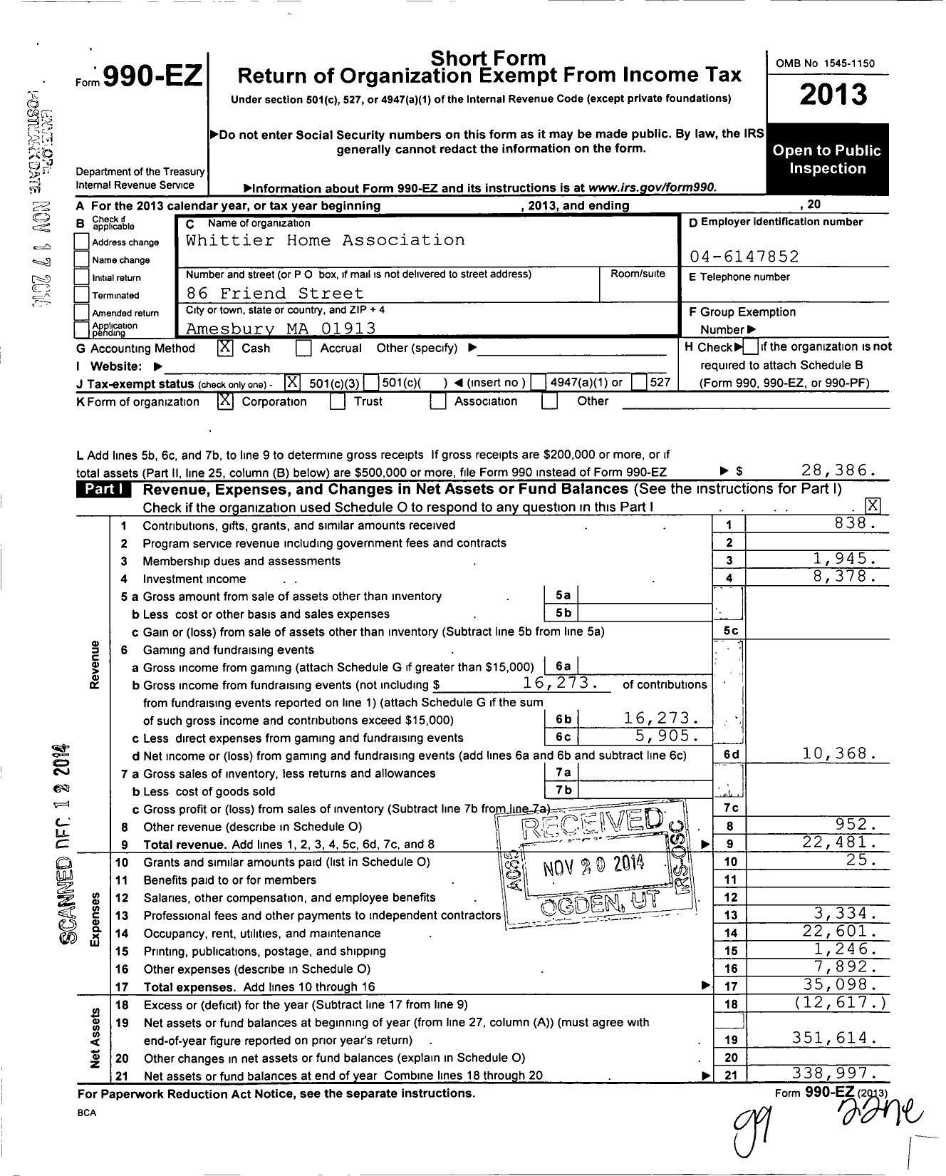 Image of first page of 2013 Form 990EZ for Whittier Home Association