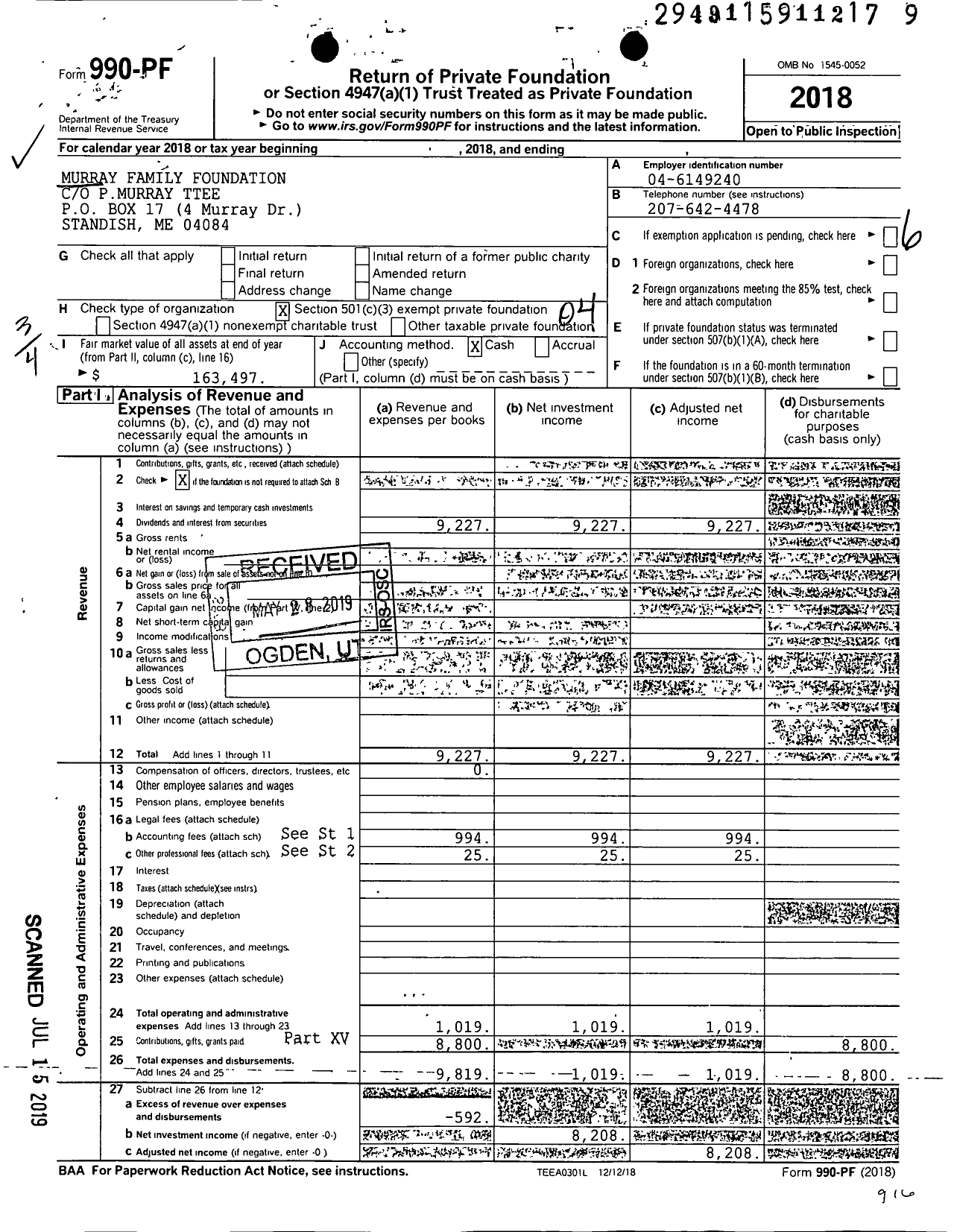 Image of first page of 2018 Form 990PF for Murray Family Foundation Patrica Murray Ttee