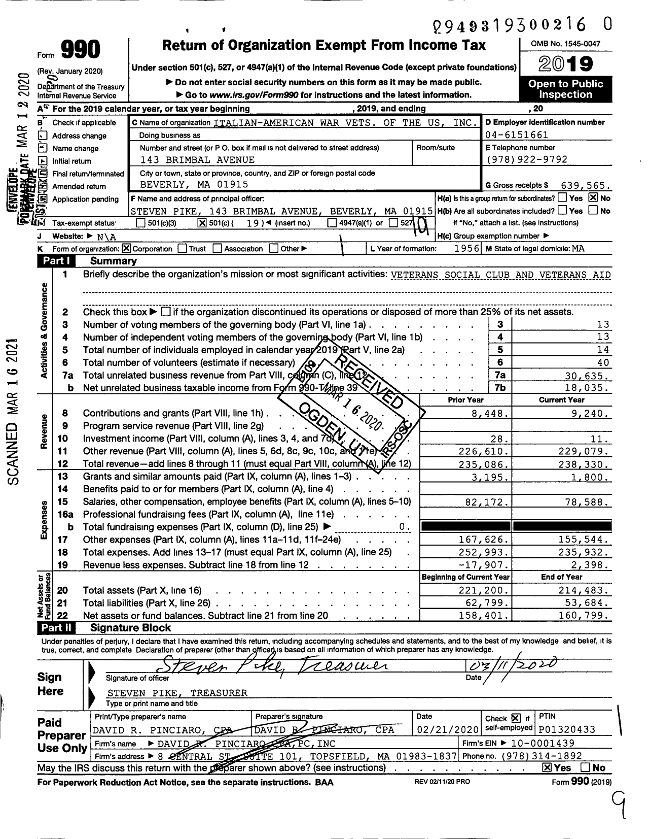 Image of first page of 2019 Form 990O for Italian American War Veterans of the Us - Vittori Rocci Post No 56