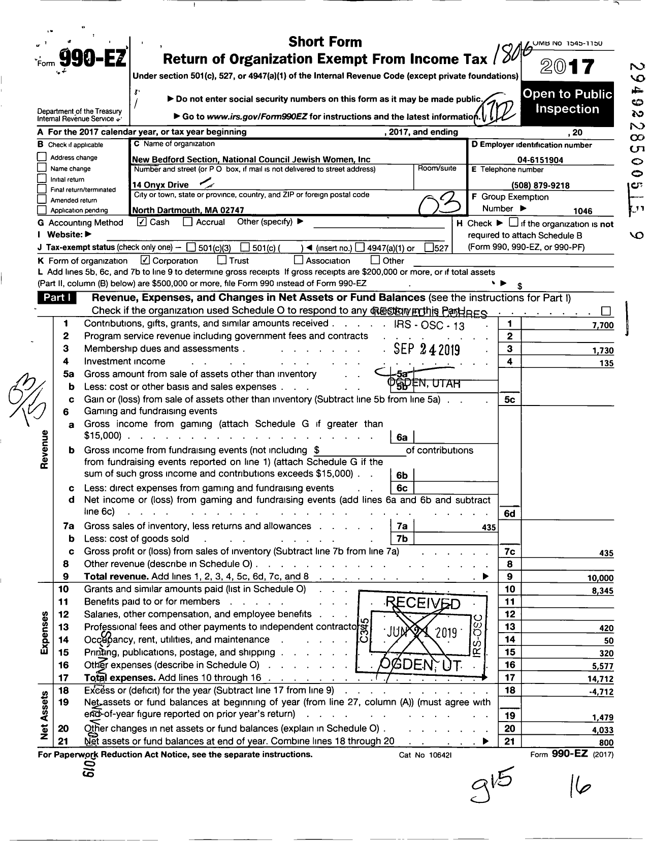 Image of first page of 2017 Form 990EZ for National Council of Jewish Women Incorporated / New Bedford Section