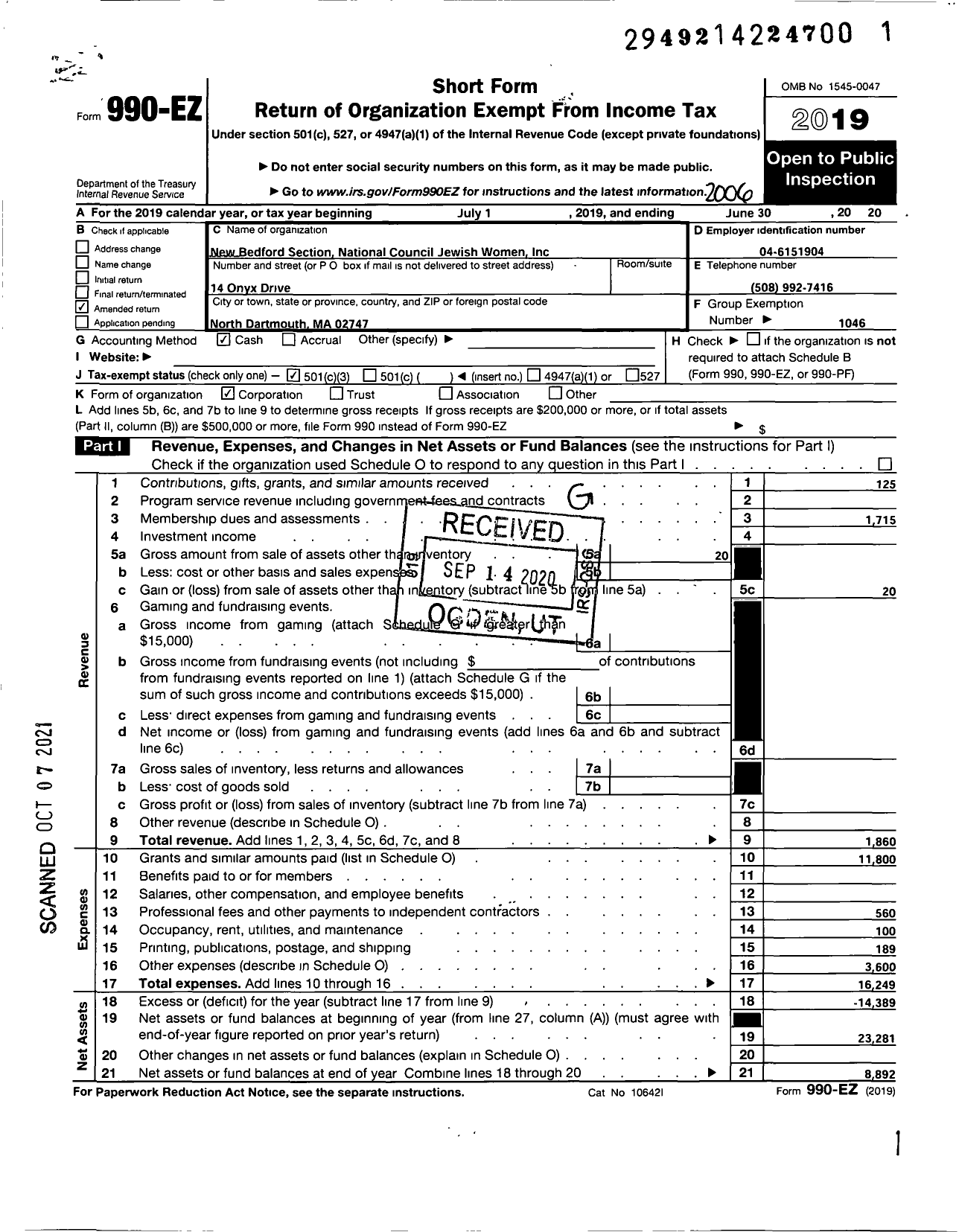 Image of first page of 2019 Form 990EZ for National Council of Jewish Women Incorporated / New Bedford Section