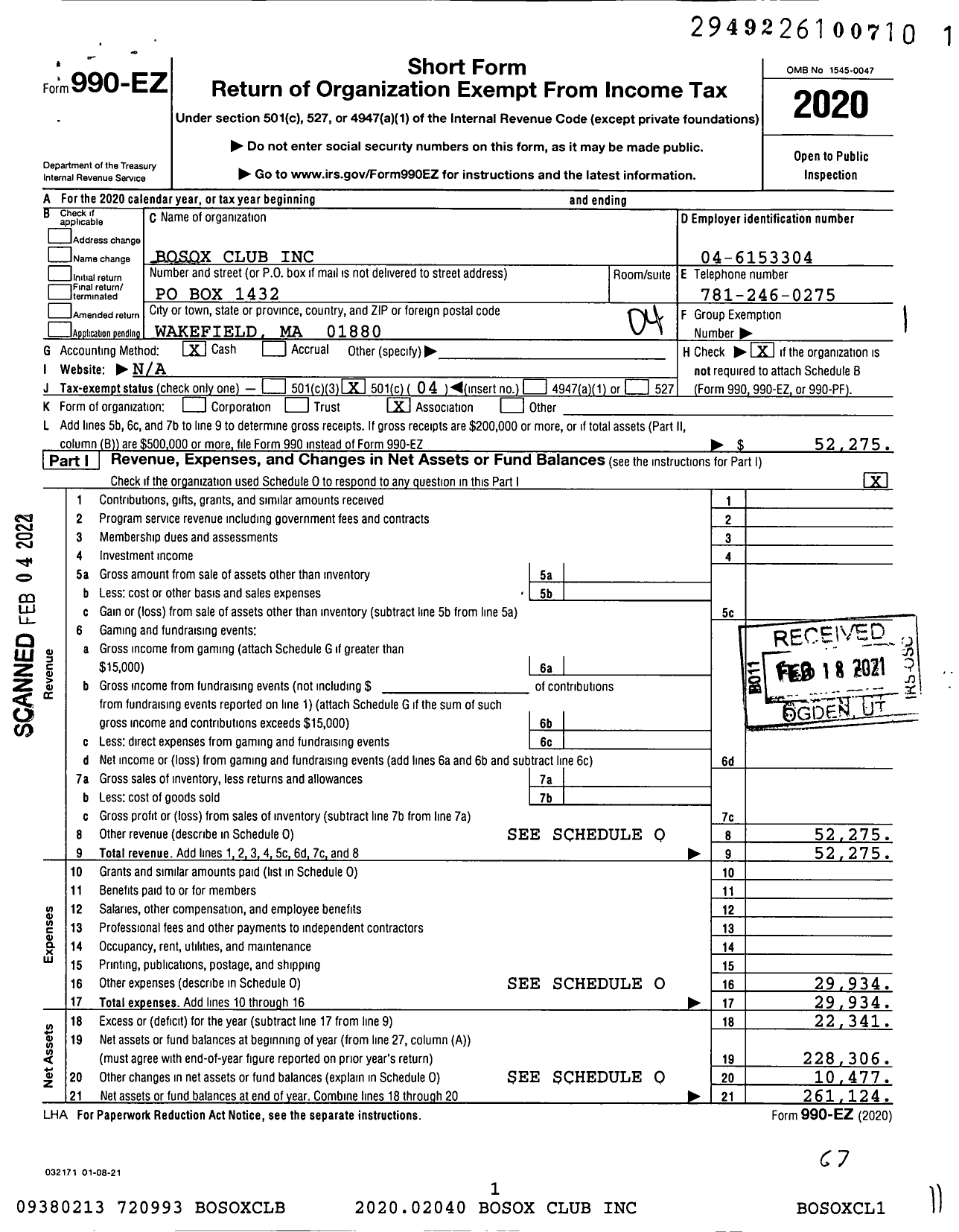 Image of first page of 2020 Form 990EO for Bosox Club