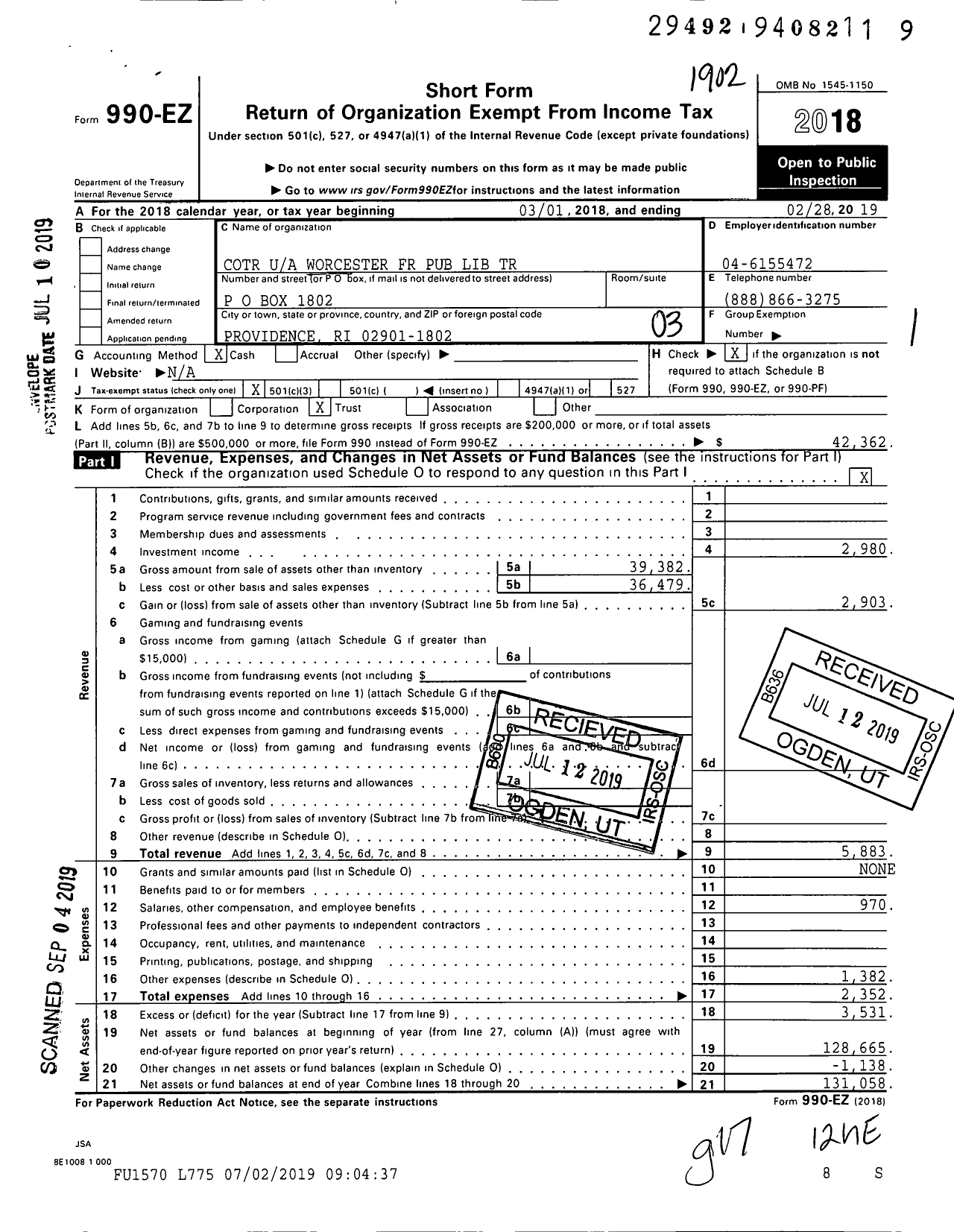 Image of first page of 2018 Form 990EZ for Cotr Worcester FR Pub Lib Trust