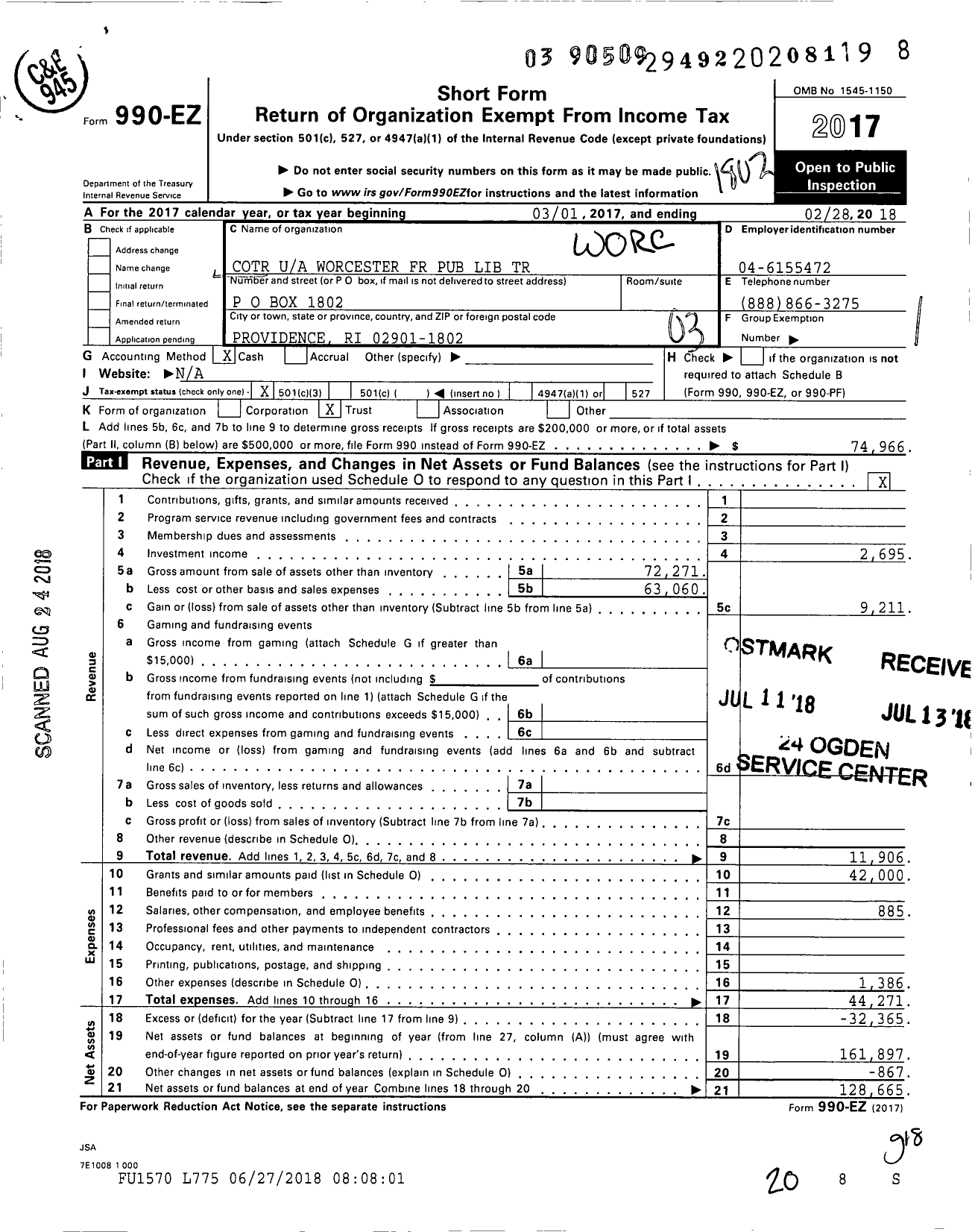 Image of first page of 2017 Form 990EZ for Cotr Worcester FR Pub Lib Trust