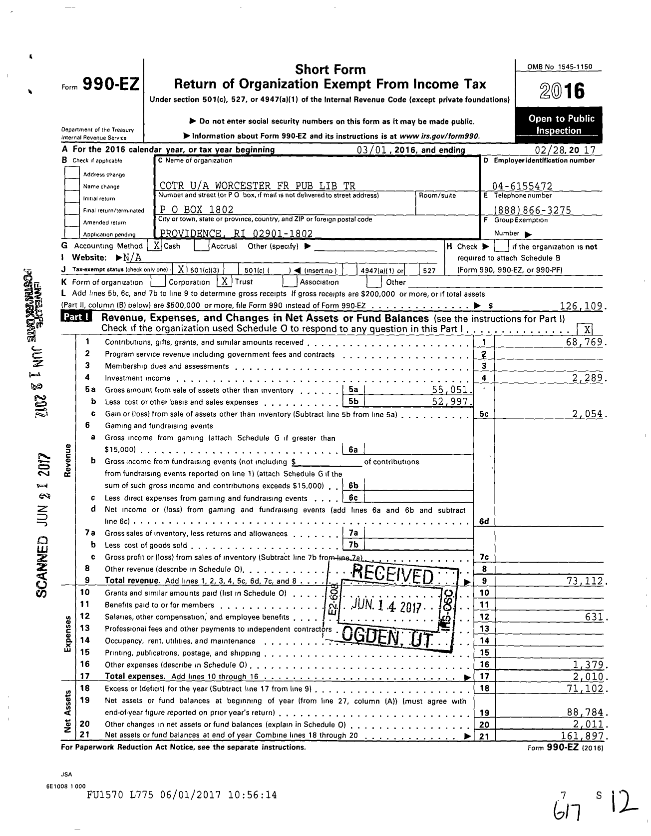 Image of first page of 2016 Form 990EZ for Cotr Worcester FR Pub Lib Trust