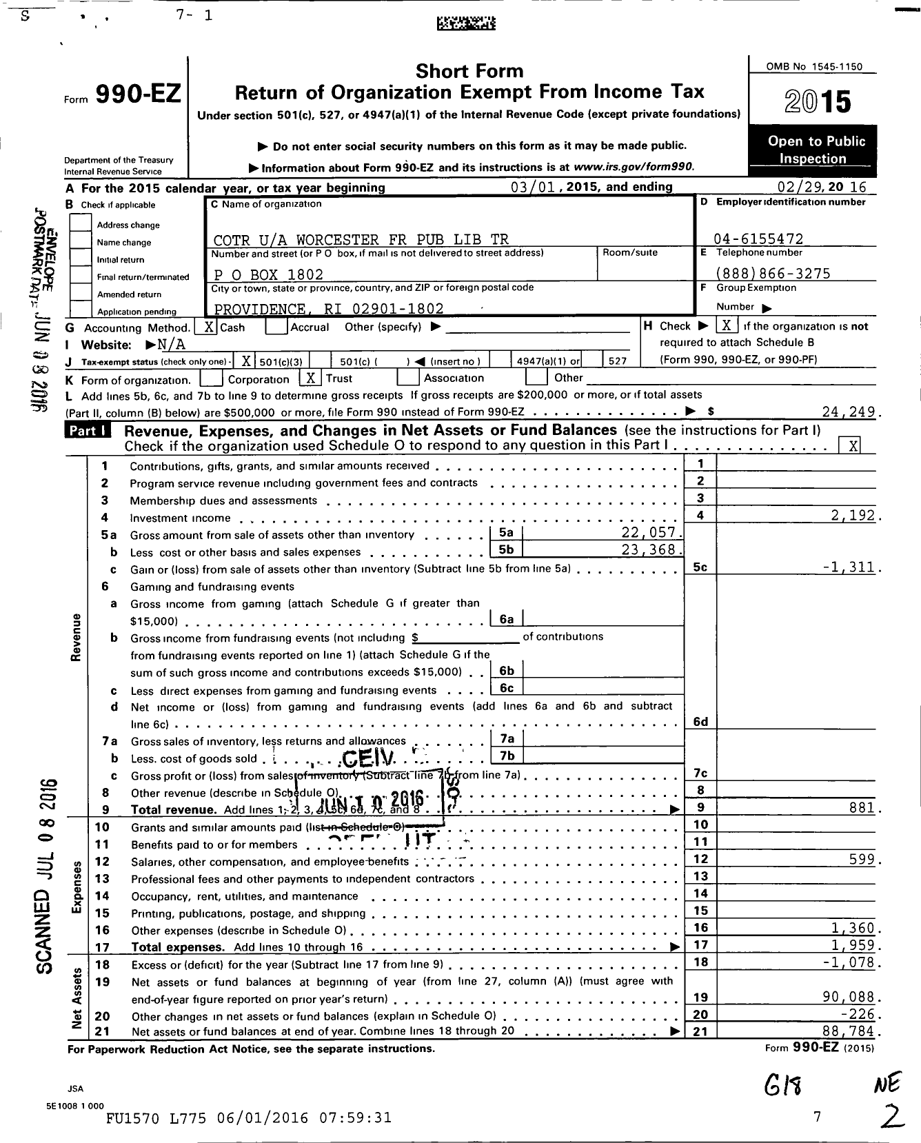 Image of first page of 2015 Form 990EZ for Cotr Worcester FR Pub Lib Trust