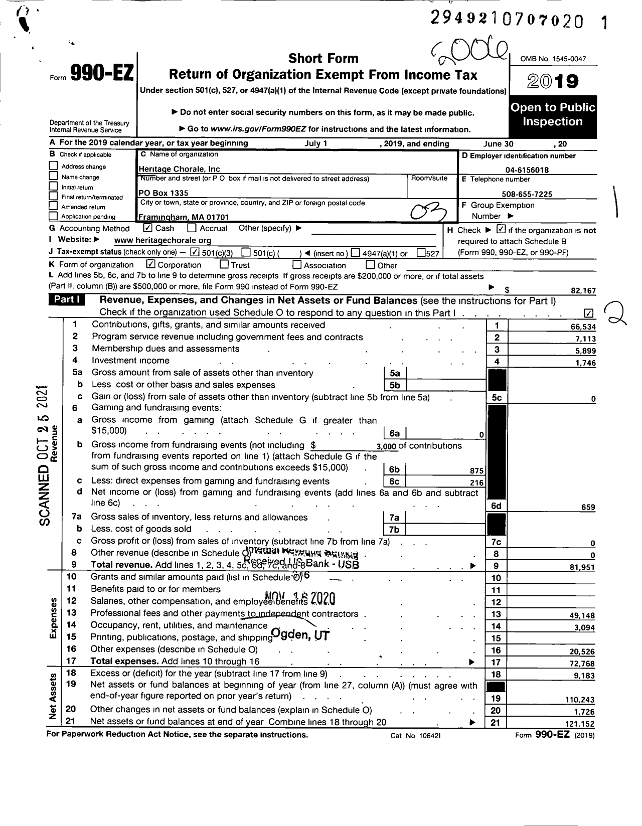 Image of first page of 2019 Form 990EZ for Heritage Chorale