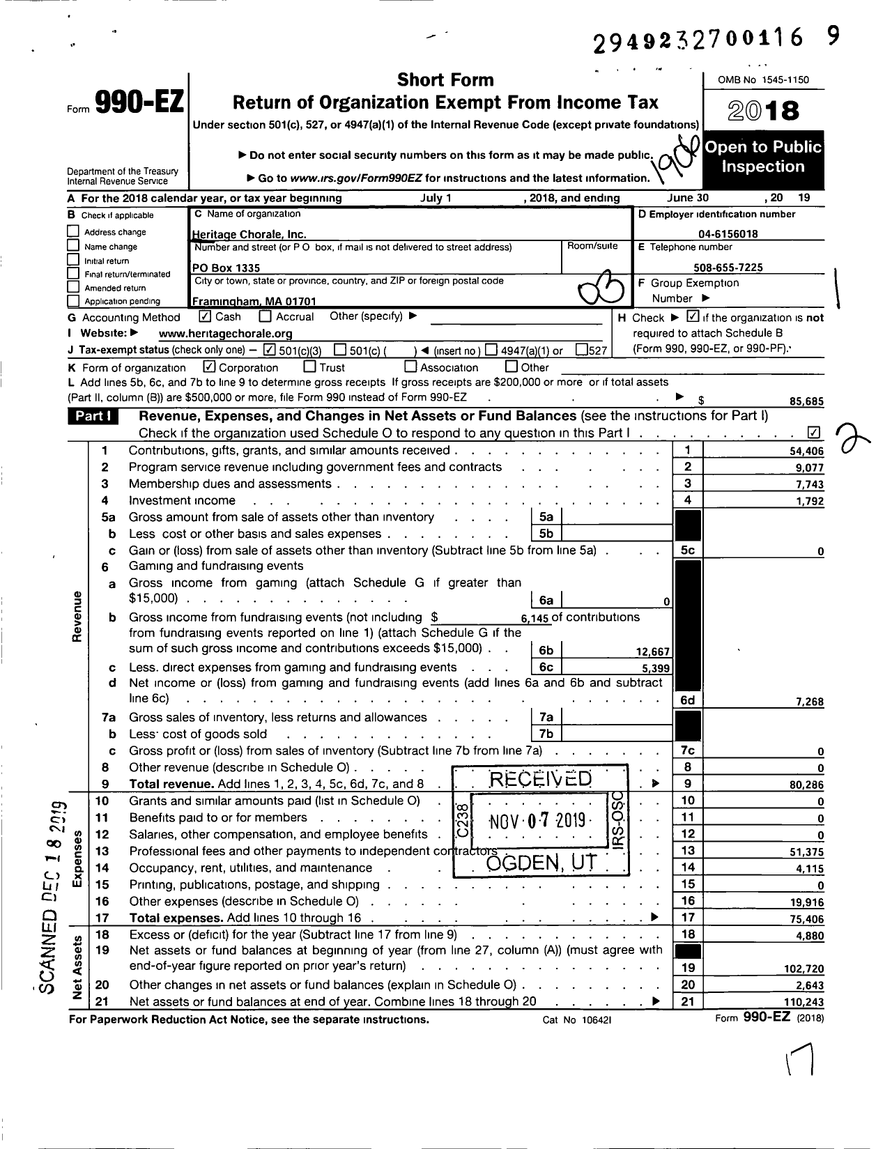 Image of first page of 2018 Form 990EZ for Heritage Chorale