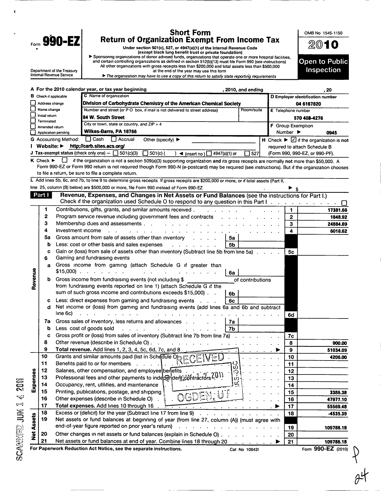 Image of first page of 2010 Form 990EO for American Chemical Society