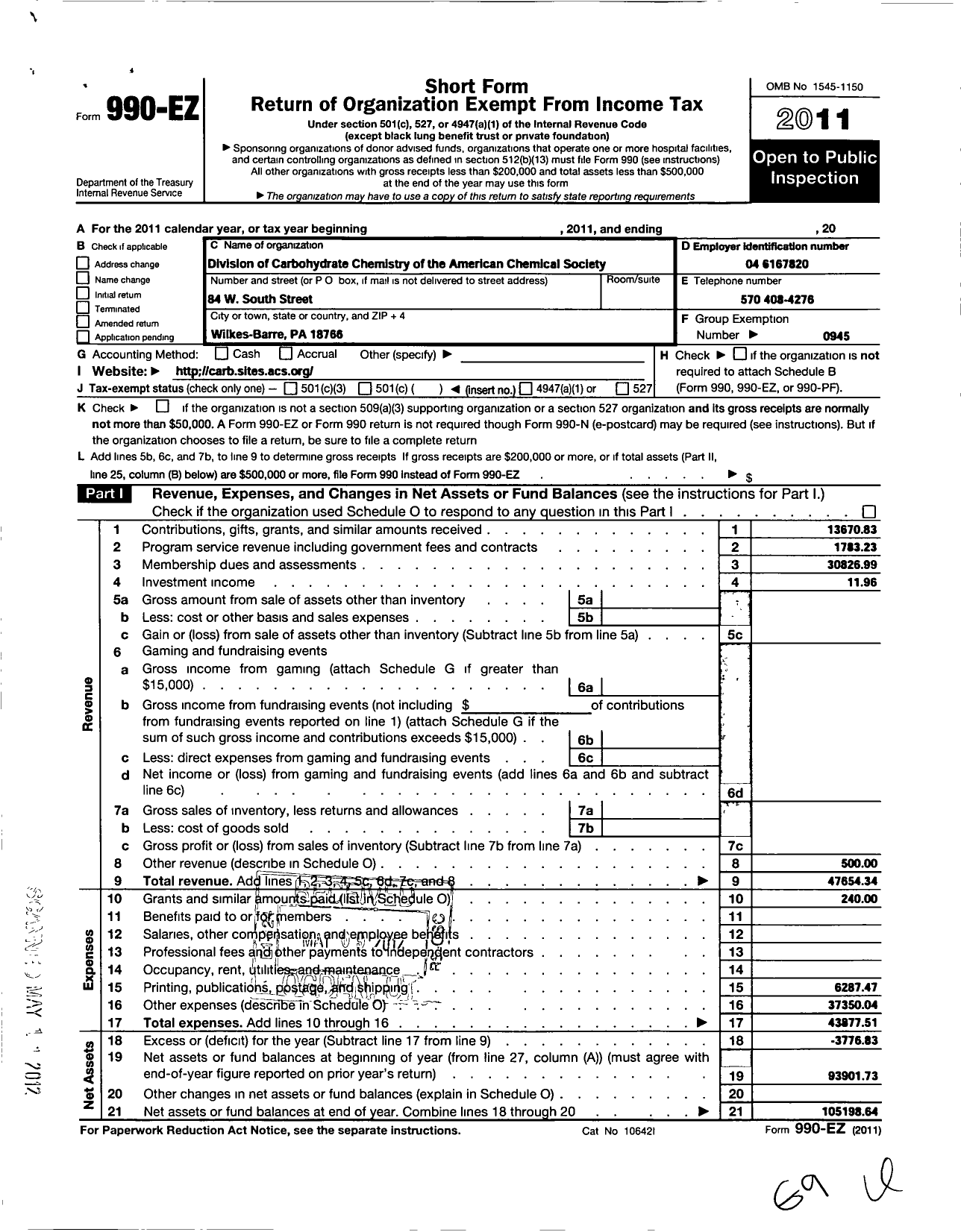 Image of first page of 2011 Form 990EO for American Chemical Society