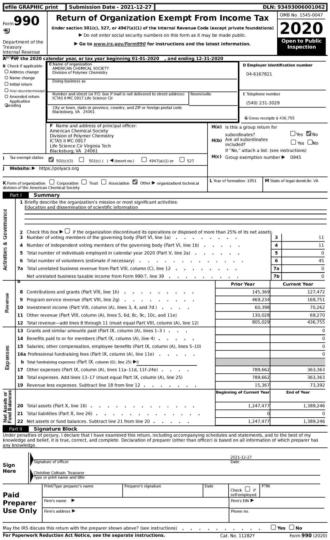 Image of first page of 2020 Form 990 for AMERICAN CHEMICAL SOCIETY - Polymer Chemistry Division