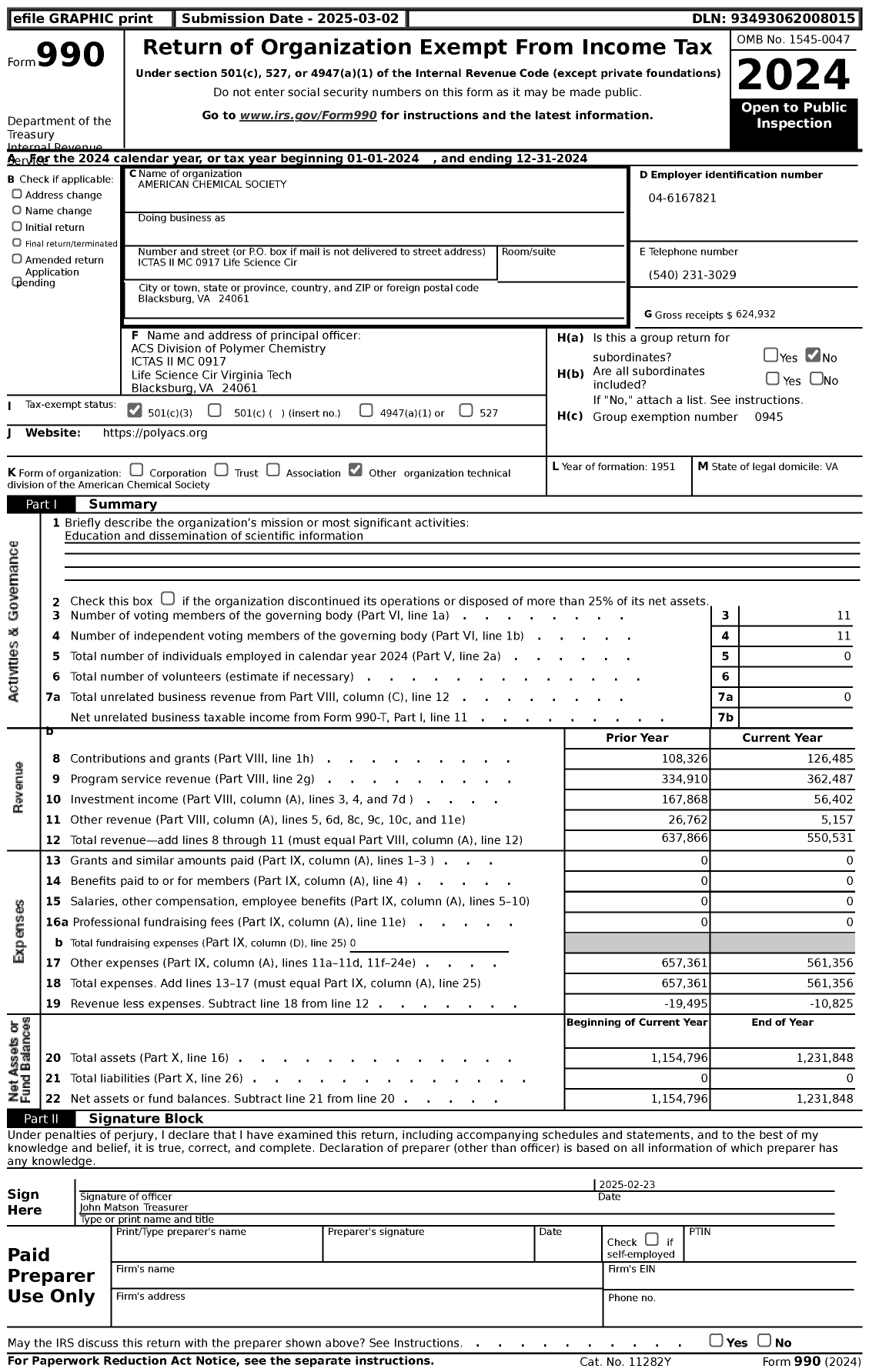 Image of first page of 2024 Form 990 for AMERICAN CHEMICAL SOCIETY - Polymer Chemistry Division