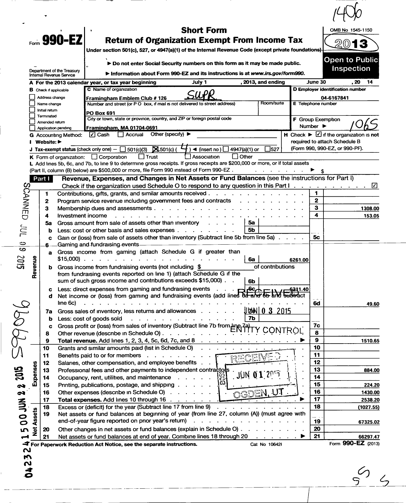 Image of first page of 2013 Form 990EO for Supreme Emblem Club of the United States of America - Framingham 126