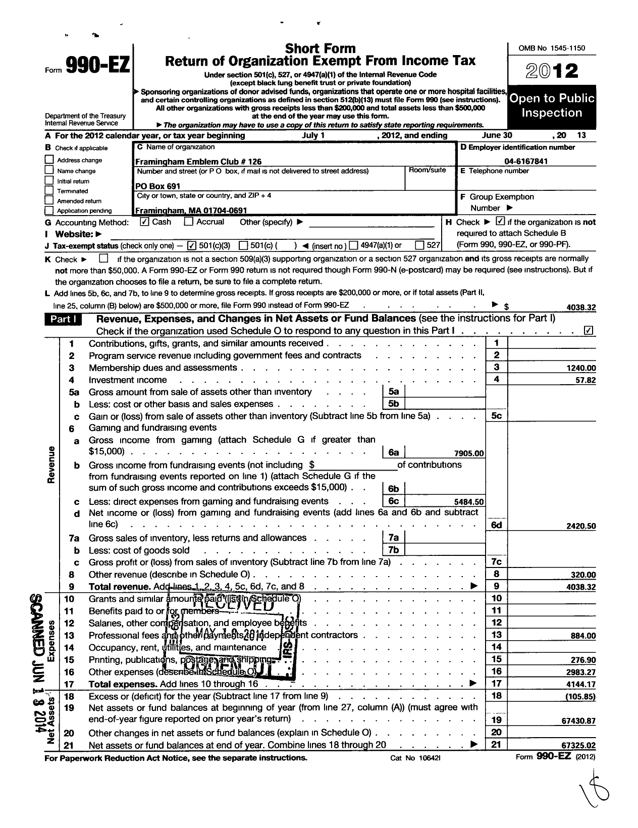 Image of first page of 2012 Form 990EZ for Supreme Emblem Club of the United States of America - Framingham 126