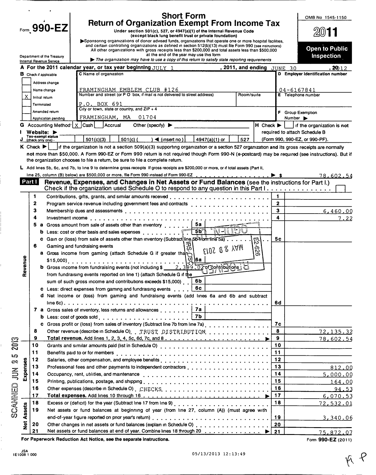 Image of first page of 2011 Form 990EO for Supreme Emblem Club of the United States of America - Framingham 126