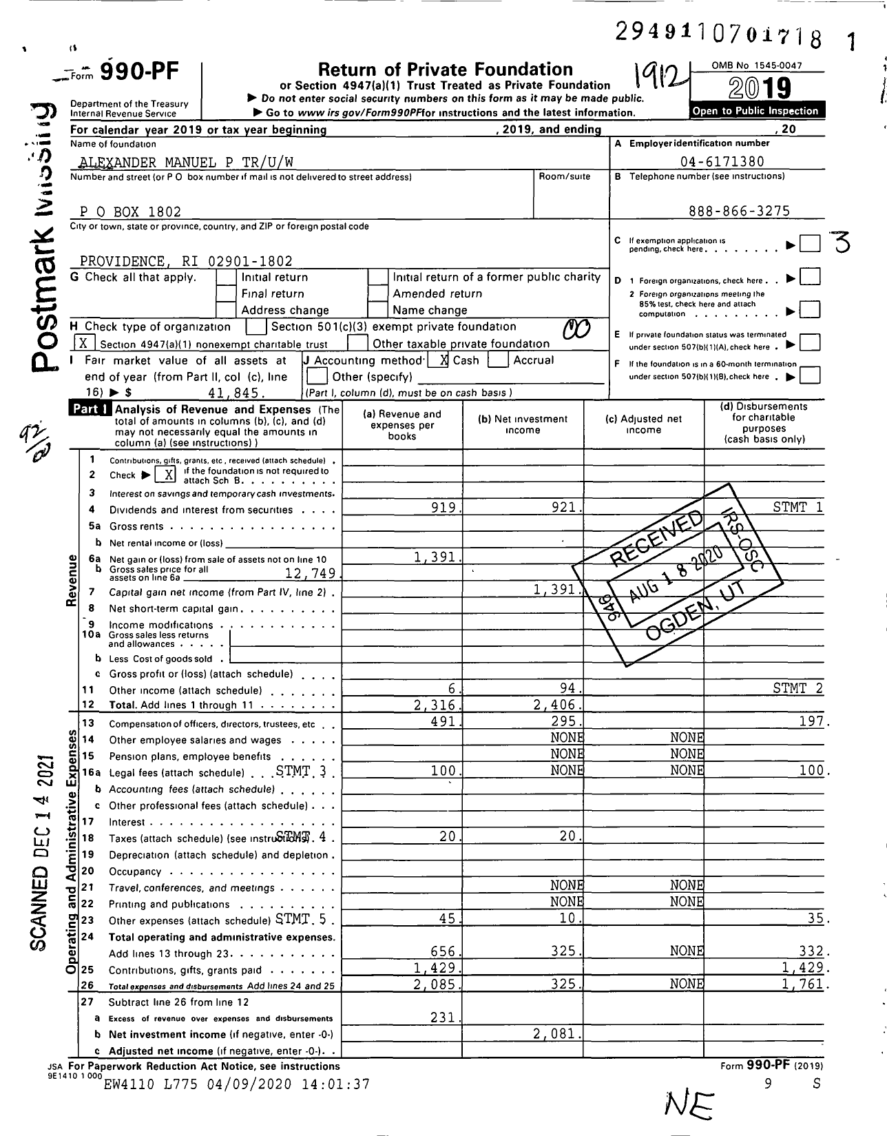 Image of first page of 2019 Form 990PF for Manuel P Alexander Truw