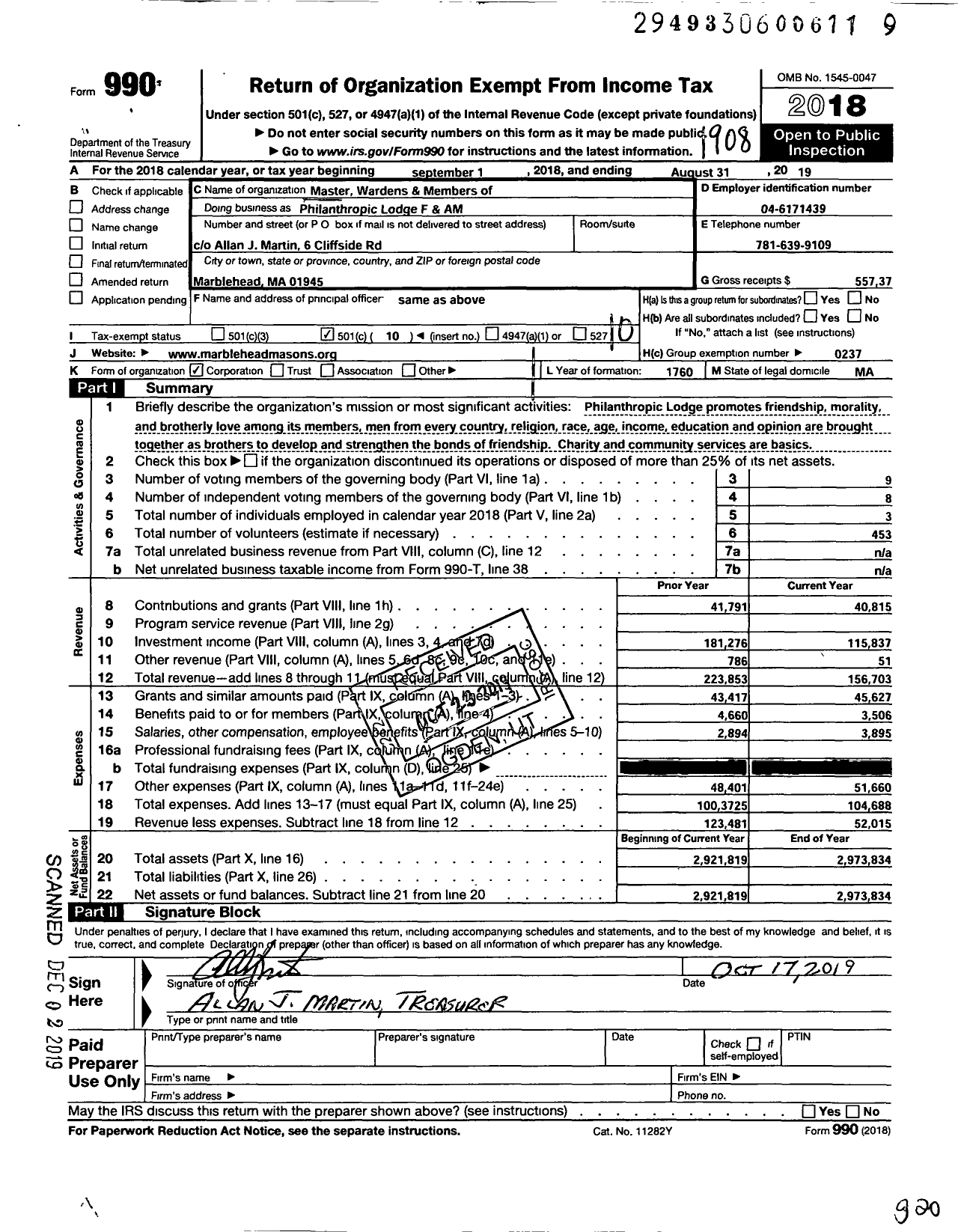 Image of first page of 2018 Form 990O for Massachusetts Freemasons - Philanthropic Lodge F & AM