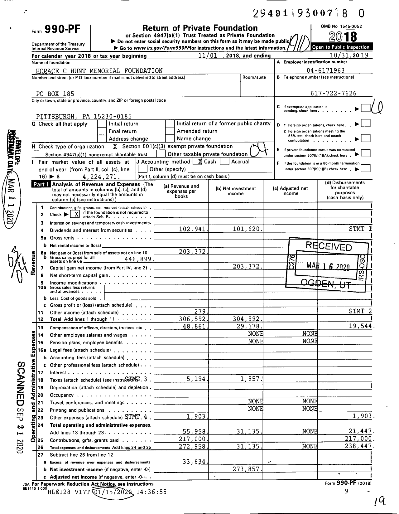 Image of first page of 2018 Form 990PR for Horace C Hunt Memorial Foundation