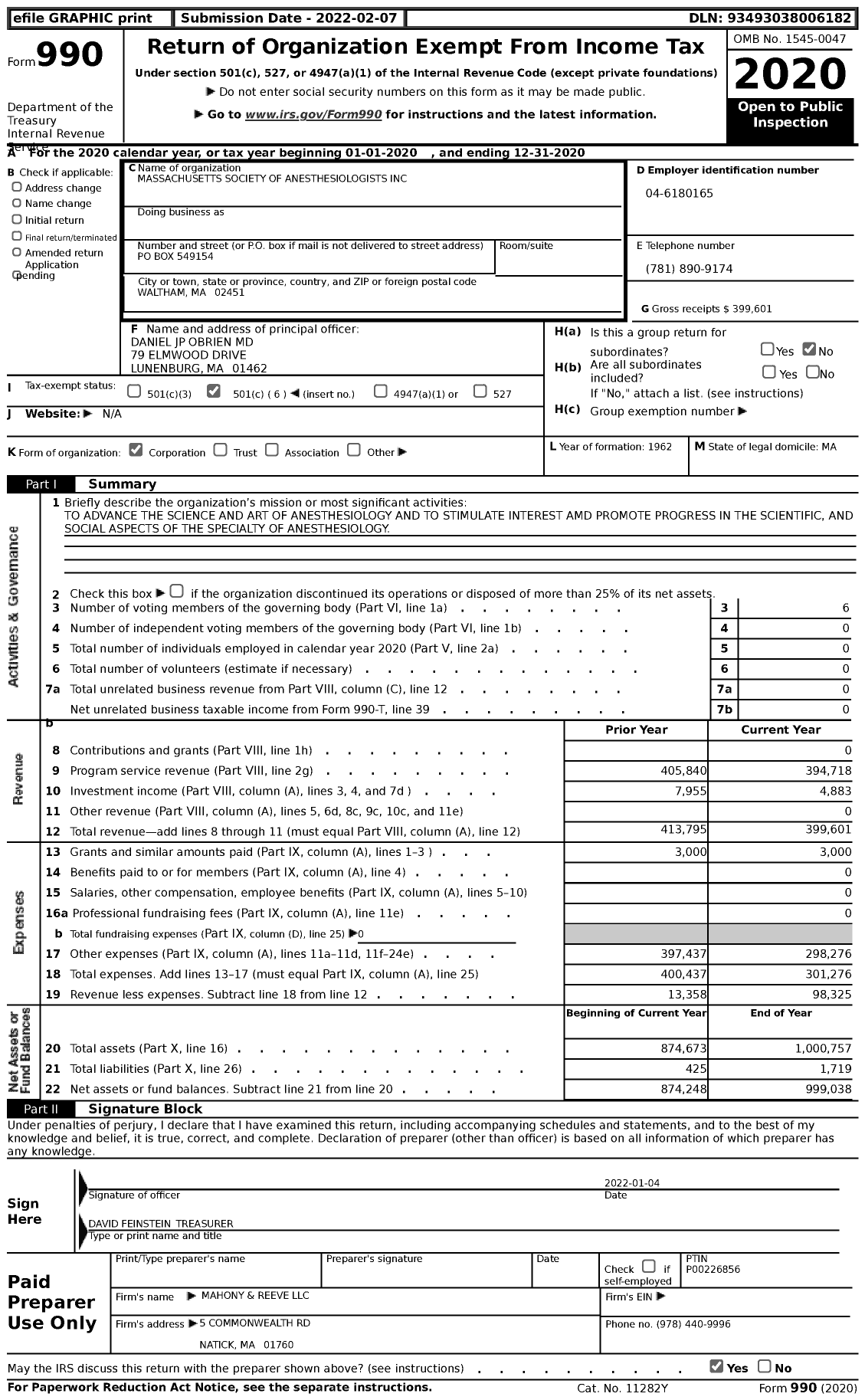 Image of first page of 2020 Form 990 for Massachusetts Society of Anesthesiologists