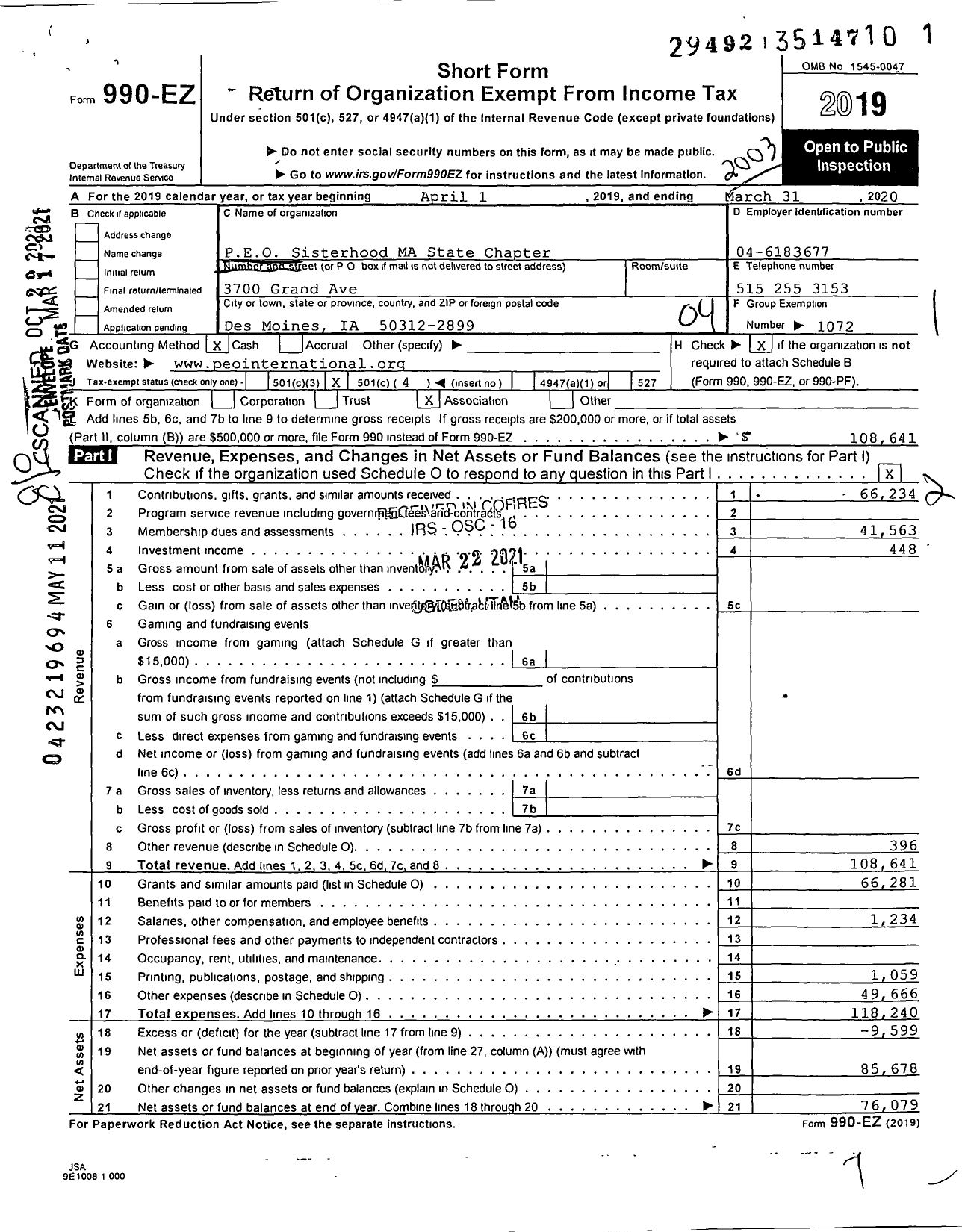 Image of first page of 2019 Form 990EO for PEO Sisterhood International - Massachusetts State Chapter