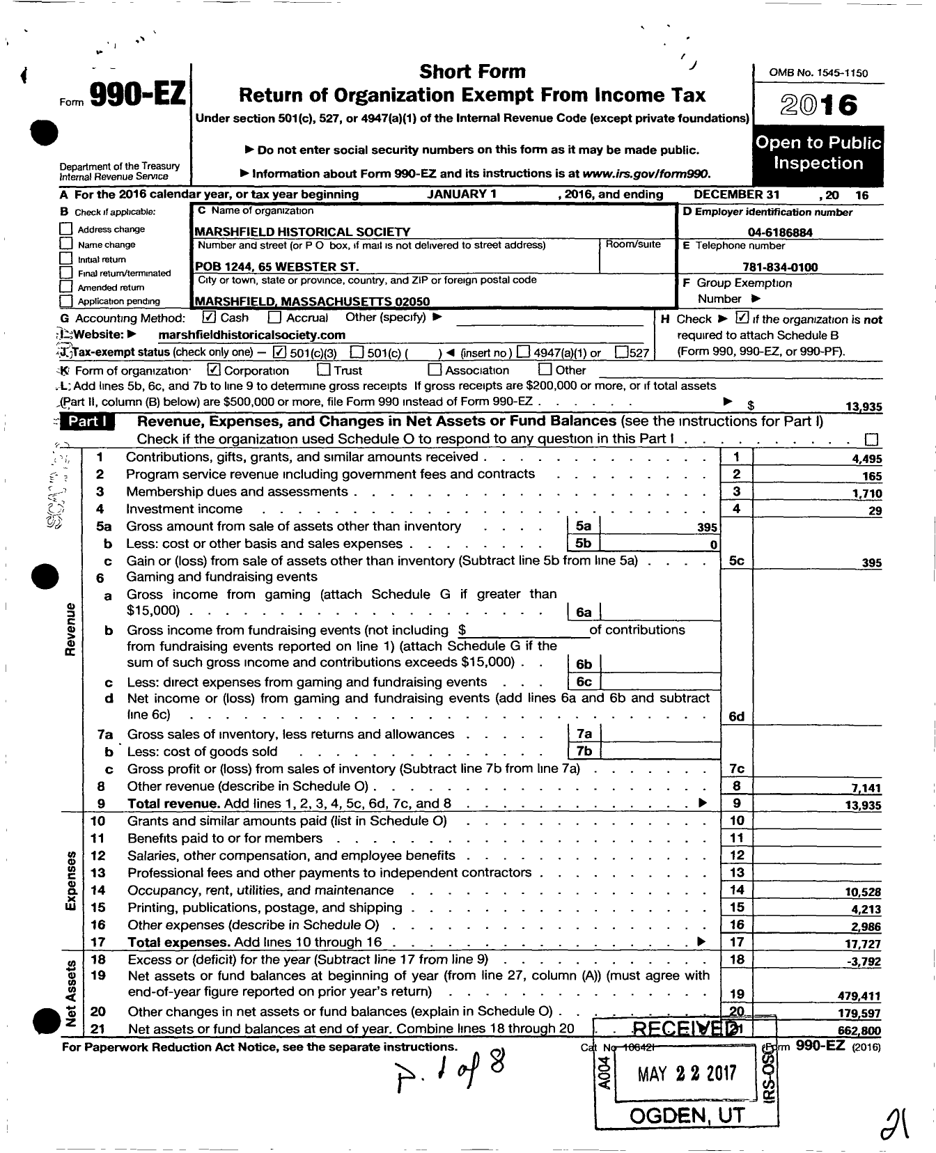 Image of first page of 2016 Form 990EZ for Marshfield Historical Society