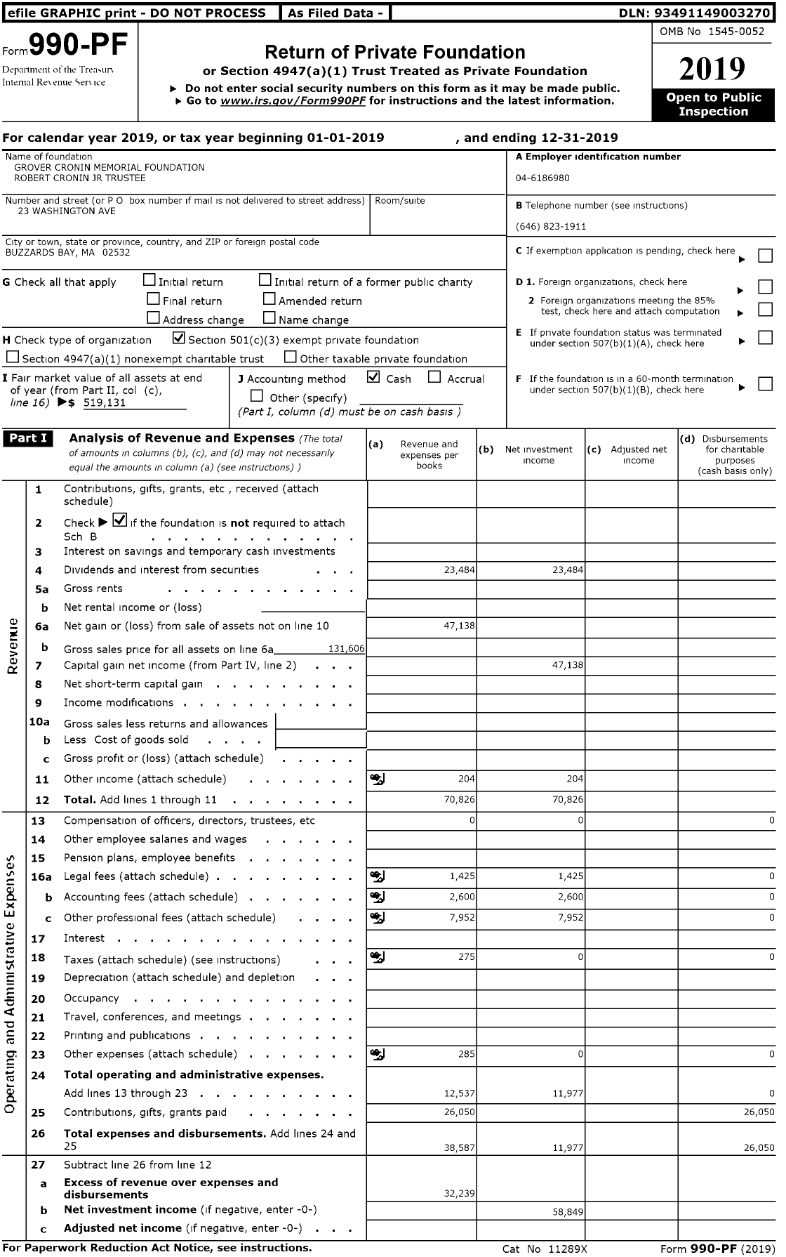 Image of first page of 2019 Form 990PR for Grover Cronin Memorial Foundation