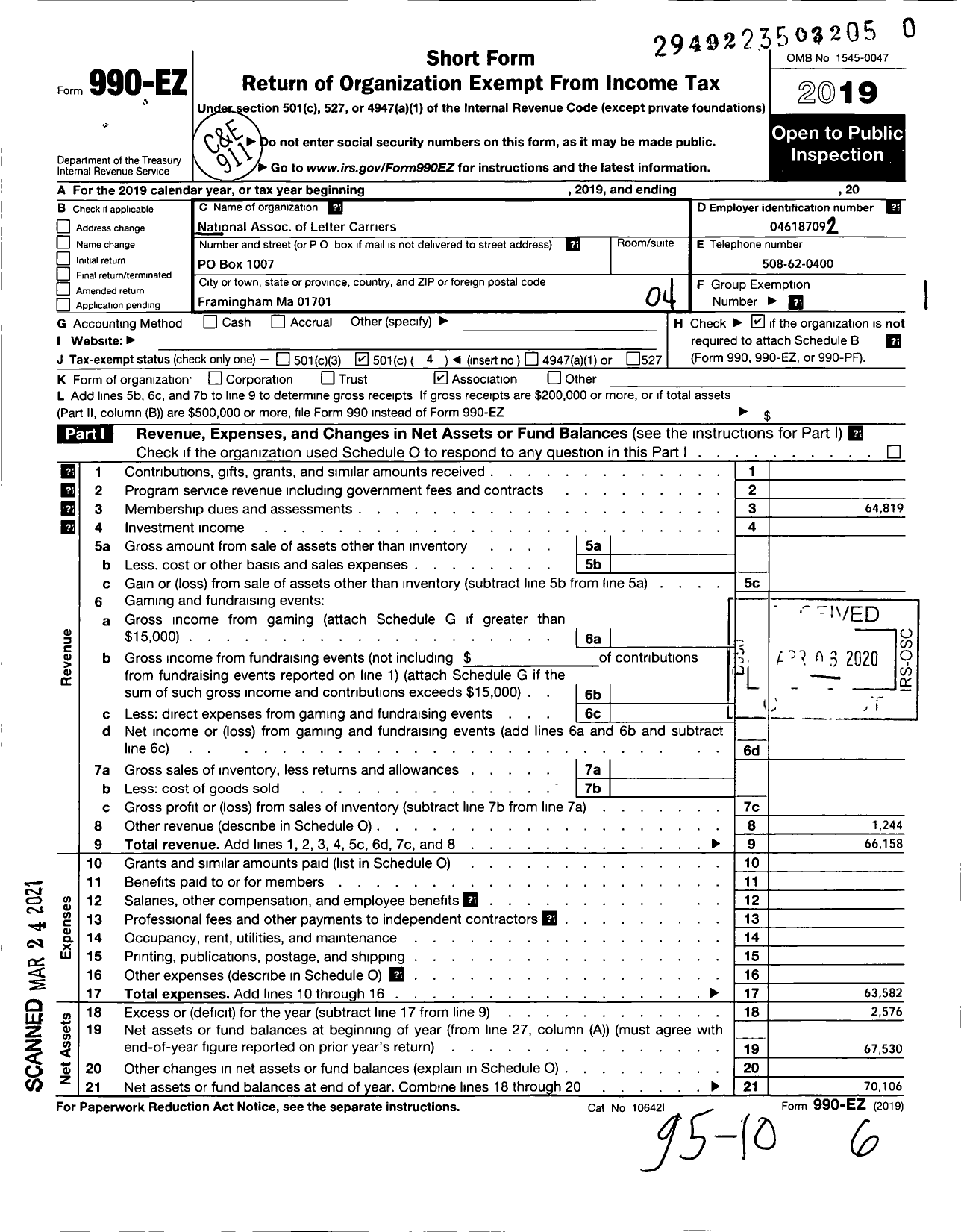 Image of first page of 2019 Form 990EO for National Association of Letter Carriers - 334 Framingham Massachusetts